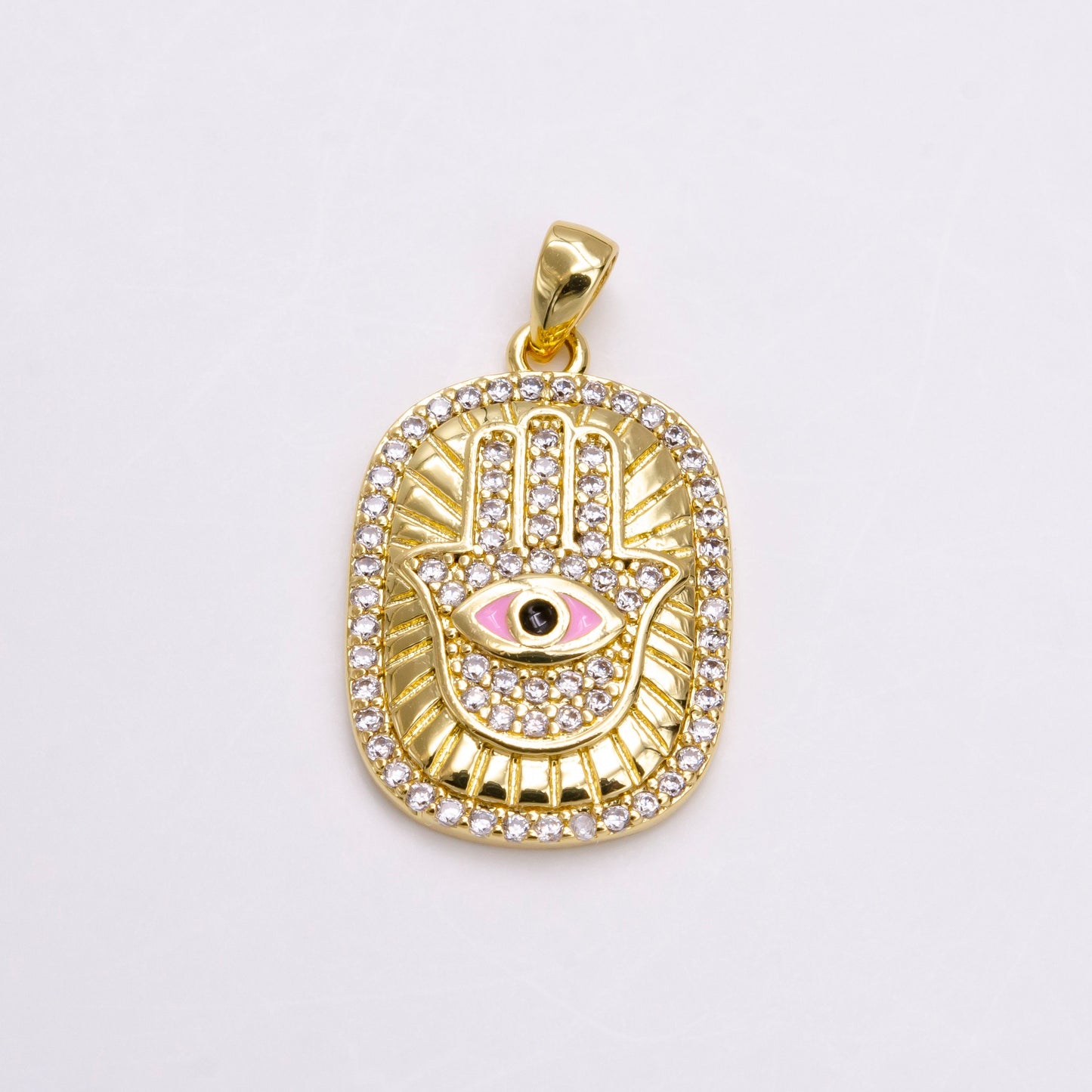 14K Gold Filled White, Blue, Red, Purple, Pink Enamel Evil Eye Micro Paved CZ Hamsa Hand Lined Pendant | AA557 - AA561