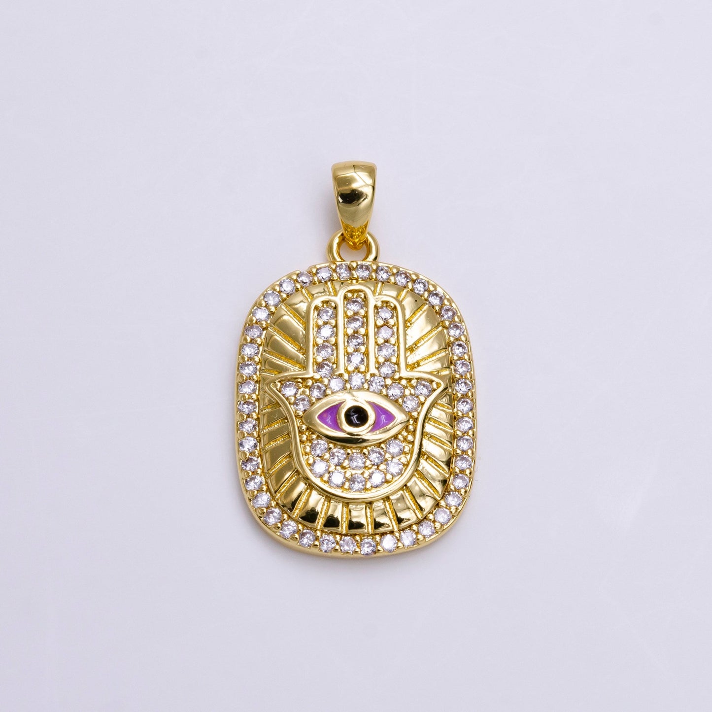 14K Gold Filled White, Blue, Red, Purple, Pink Enamel Evil Eye Micro Paved CZ Hamsa Hand Lined Pendant | AA557 - AA561