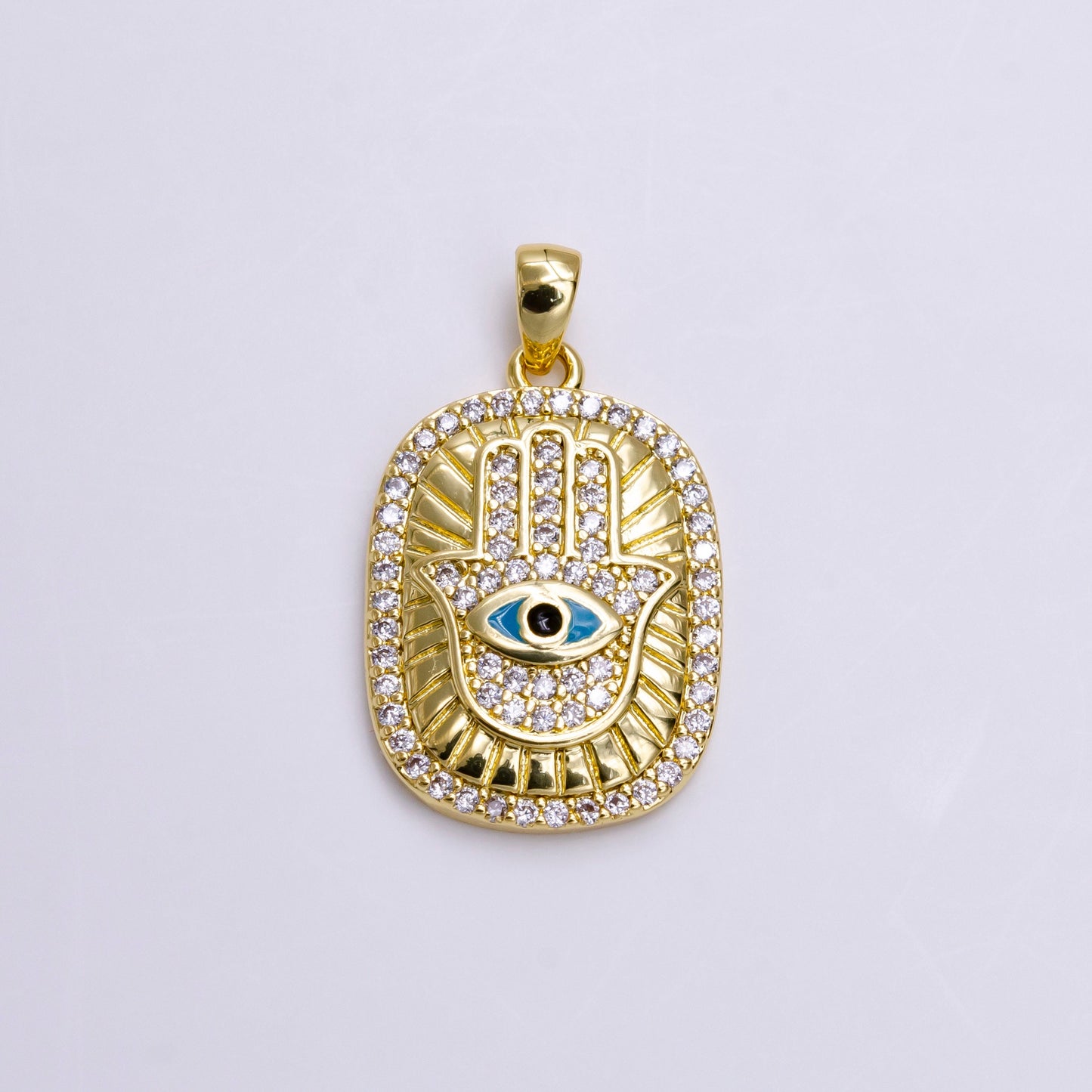 14K Gold Filled White, Blue, Red, Purple, Pink Enamel Evil Eye Micro Paved CZ Hamsa Hand Lined Pendant | AA557 - AA561