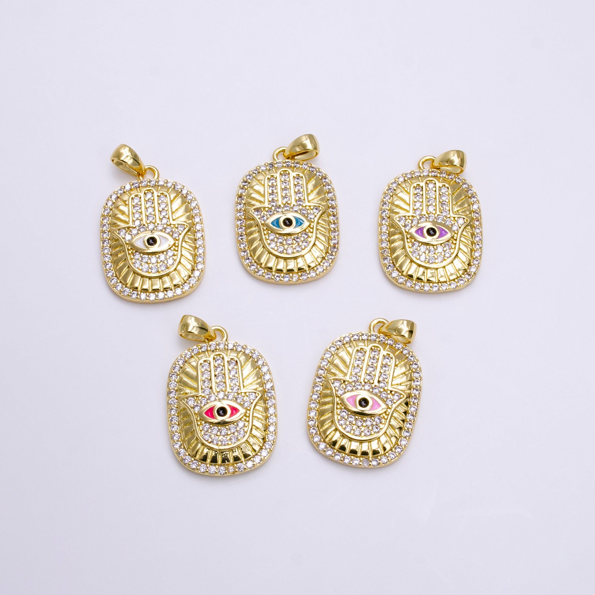 14K Gold Filled White, Blue, Red, Purple, Pink Enamel Evil Eye Micro Paved CZ Hamsa Hand Lined Pendant | AA557 - AA561