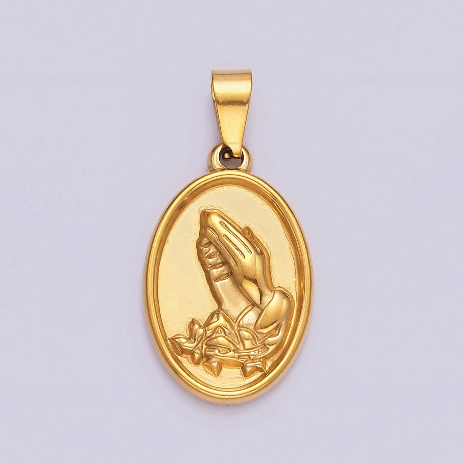 Gold Stainless Steel Oval Prayer Hands Pendant, Religious Gifts Dainty Jewelry Christian Jewelry, Protection Pendant Spiritual Gift P803
