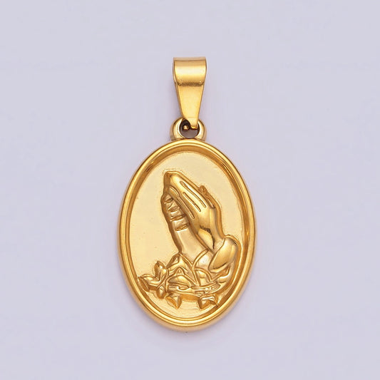 Gold Stainless Steel Oval Prayer Hands Pendant, Religious Gifts Dainty Jewelry Christian Jewelry, Protection Pendant Spiritual Gift P803