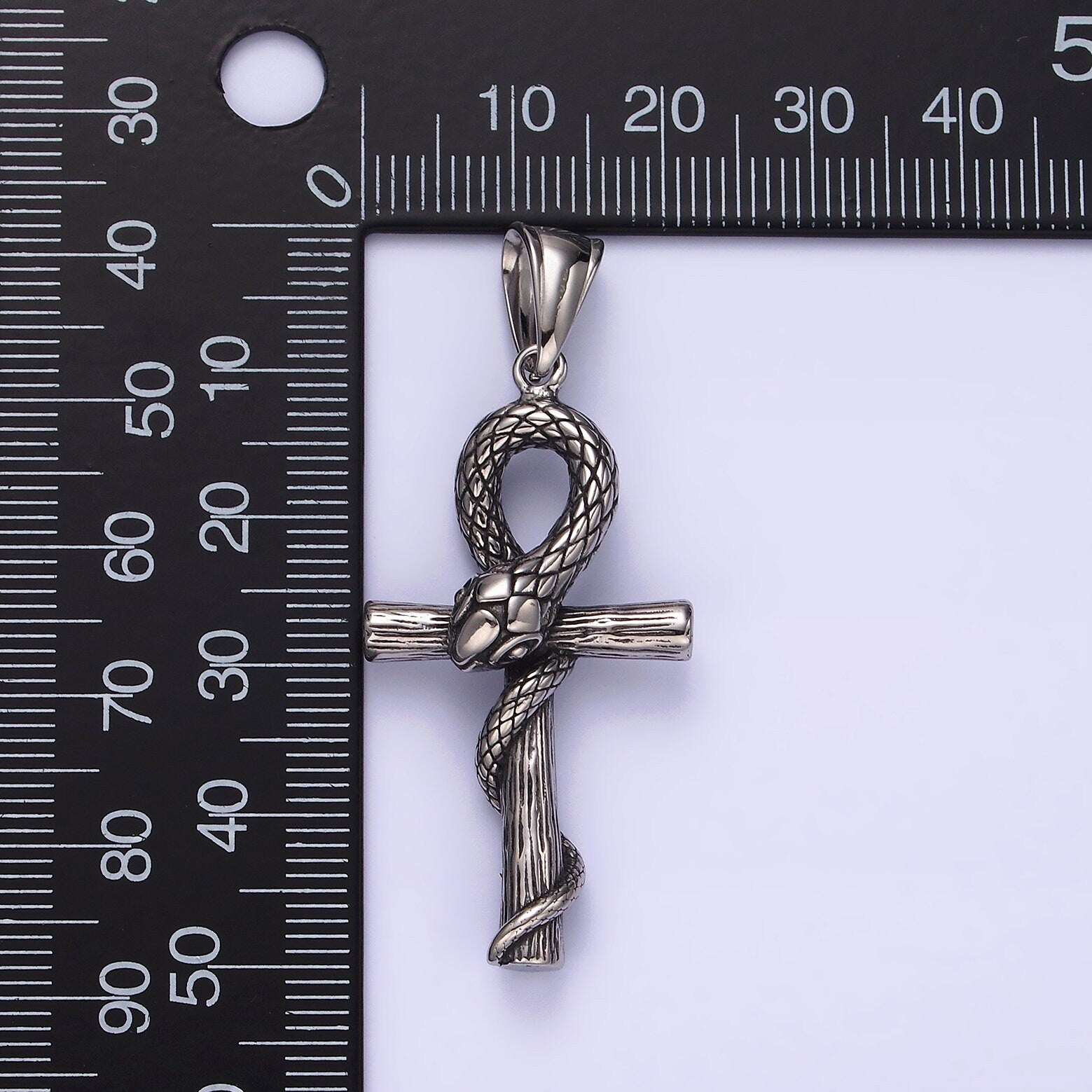 Stainless Steel 50mm Snake Wood-Textured Egyptian Ankh Cross Pendant | P748