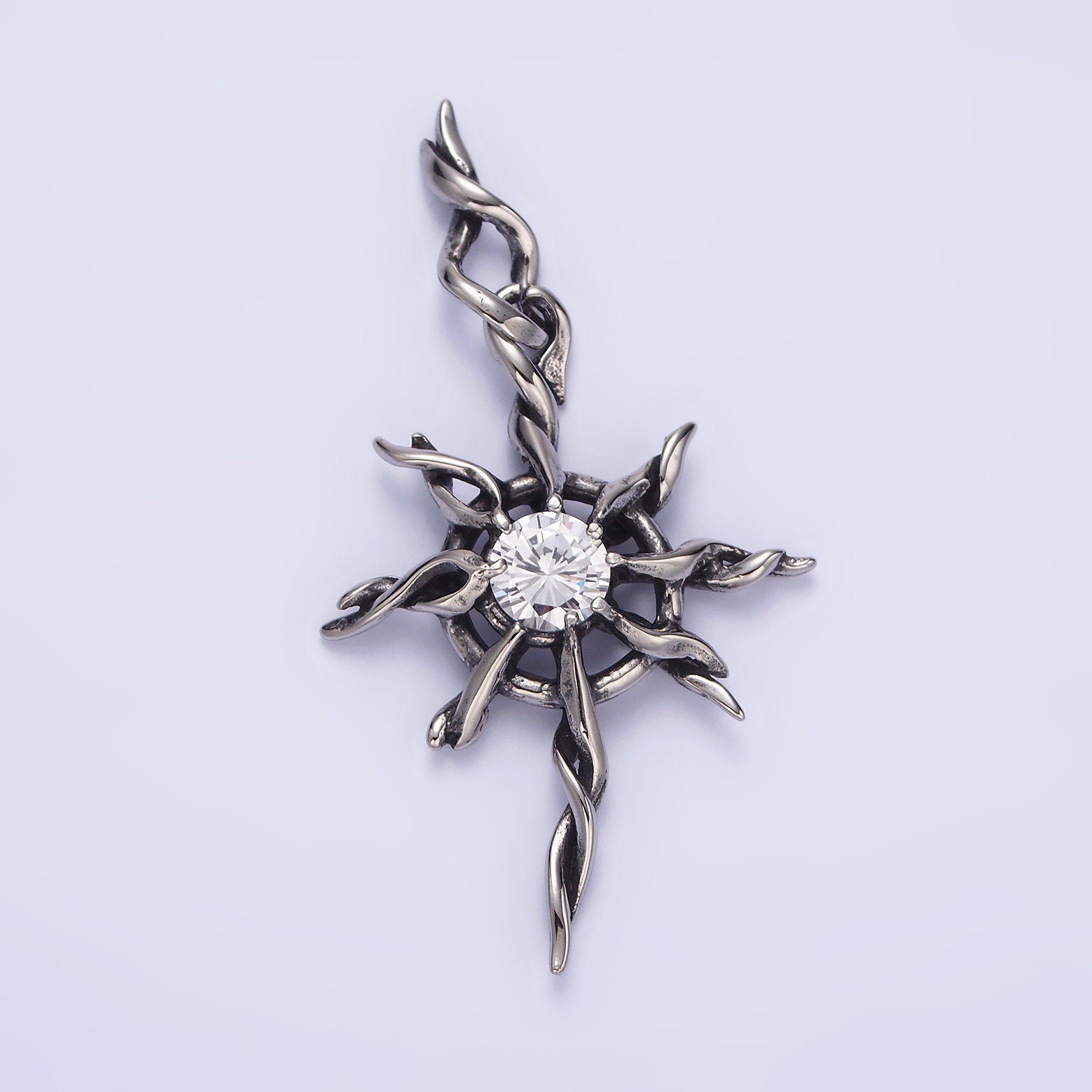 Stainless Steel 60mm Celestial Sun Star Clear CZ Twisted Ray Pendant | P745