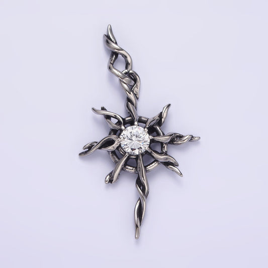 Stainless Steel 60mm Celestial Sun Star Clear CZ Twisted Ray Pendant | P745