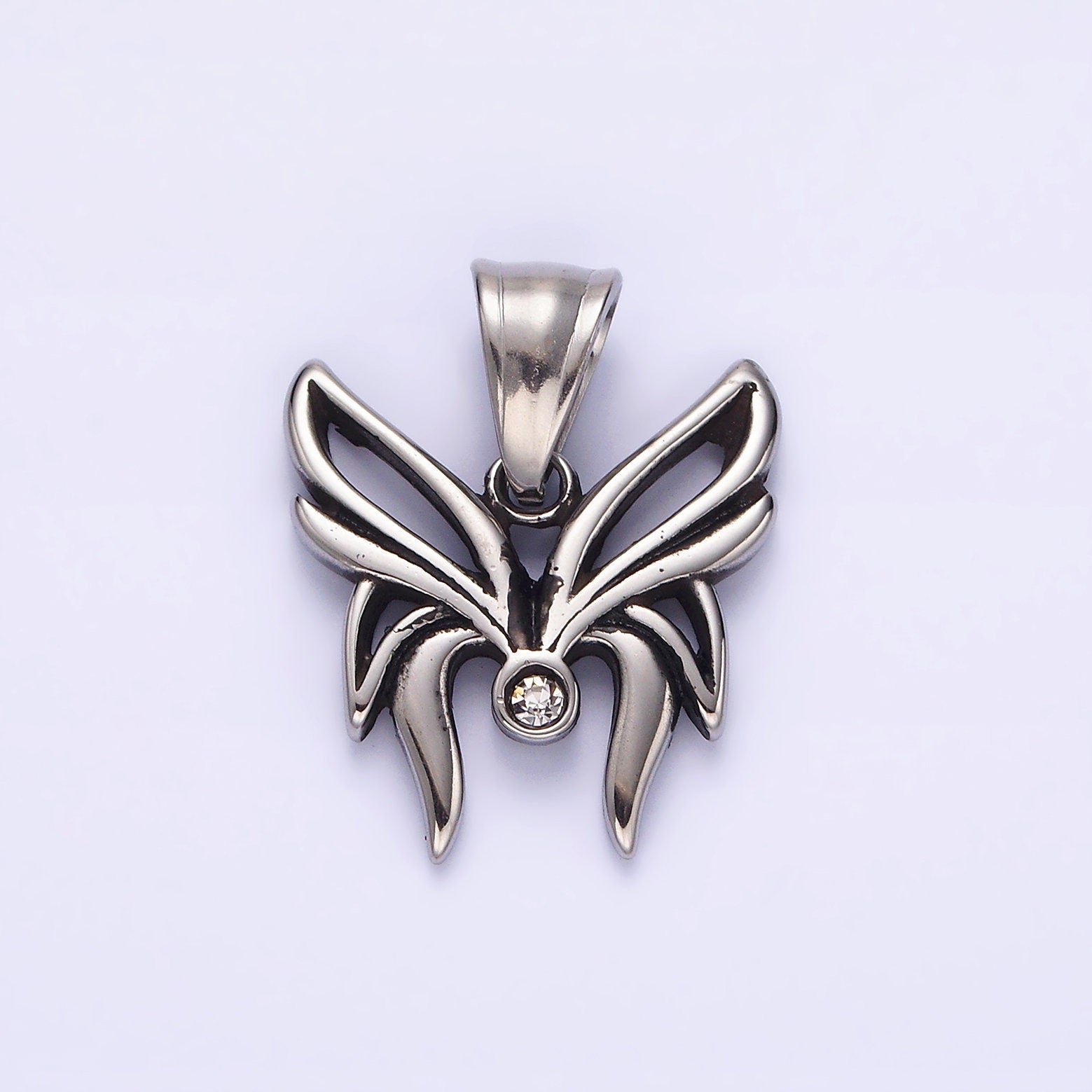 Stainless Steel Clear CZ Butterfly Mariposa Open Wings Pendant | P742