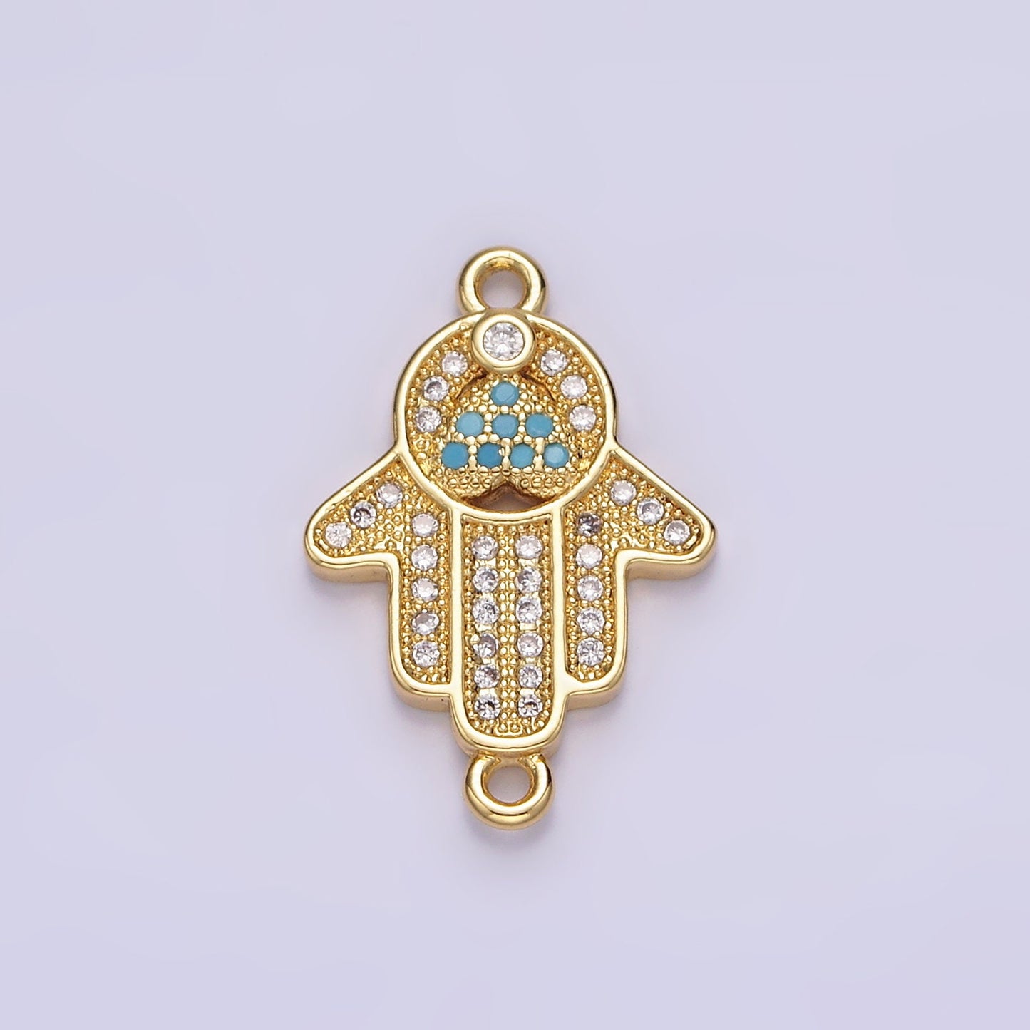 14K Gold Filled 21mm Turquoise Clear Micro Paved CZ Hamsa Hand Connector | G661