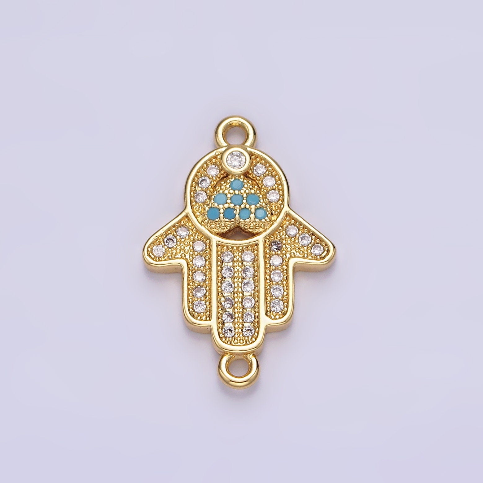 14K Gold Filled 21mm Turquoise Clear Micro Paved CZ Hamsa Hand Connector | G661