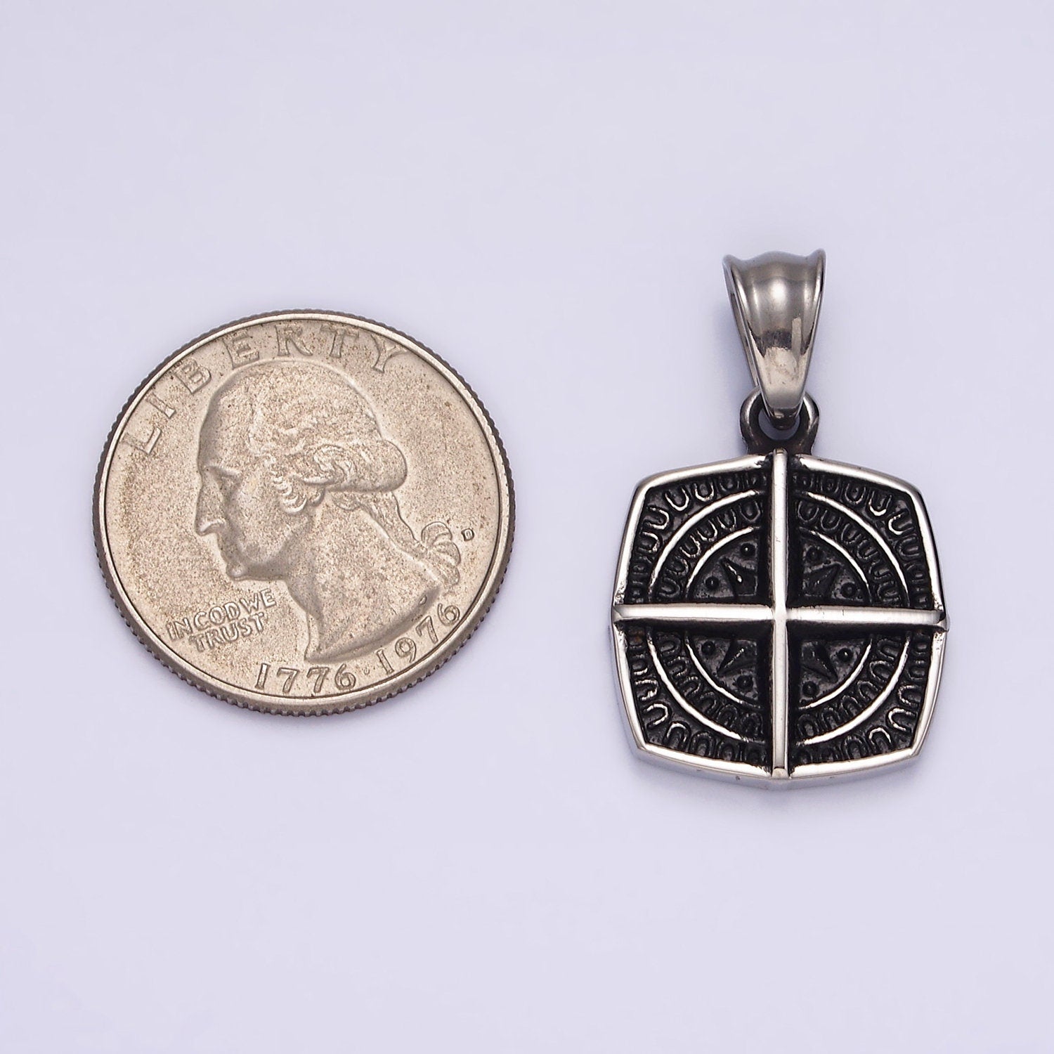 Stainless Steel Bar Celestial Star Rounded Engraved Edged Square Pendant | P765