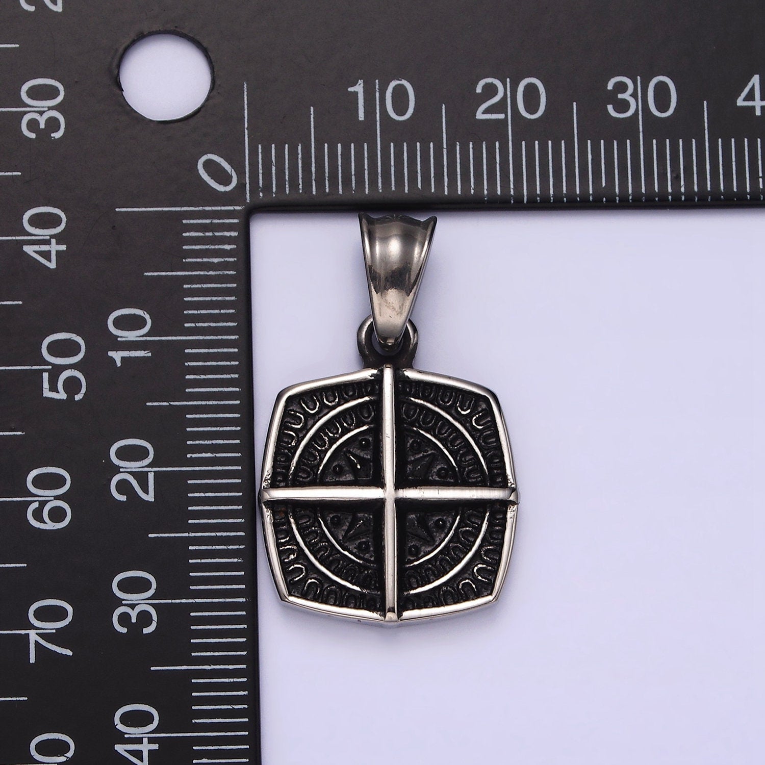 Stainless Steel Bar Celestial Star Rounded Engraved Edged Square Pendant | P765