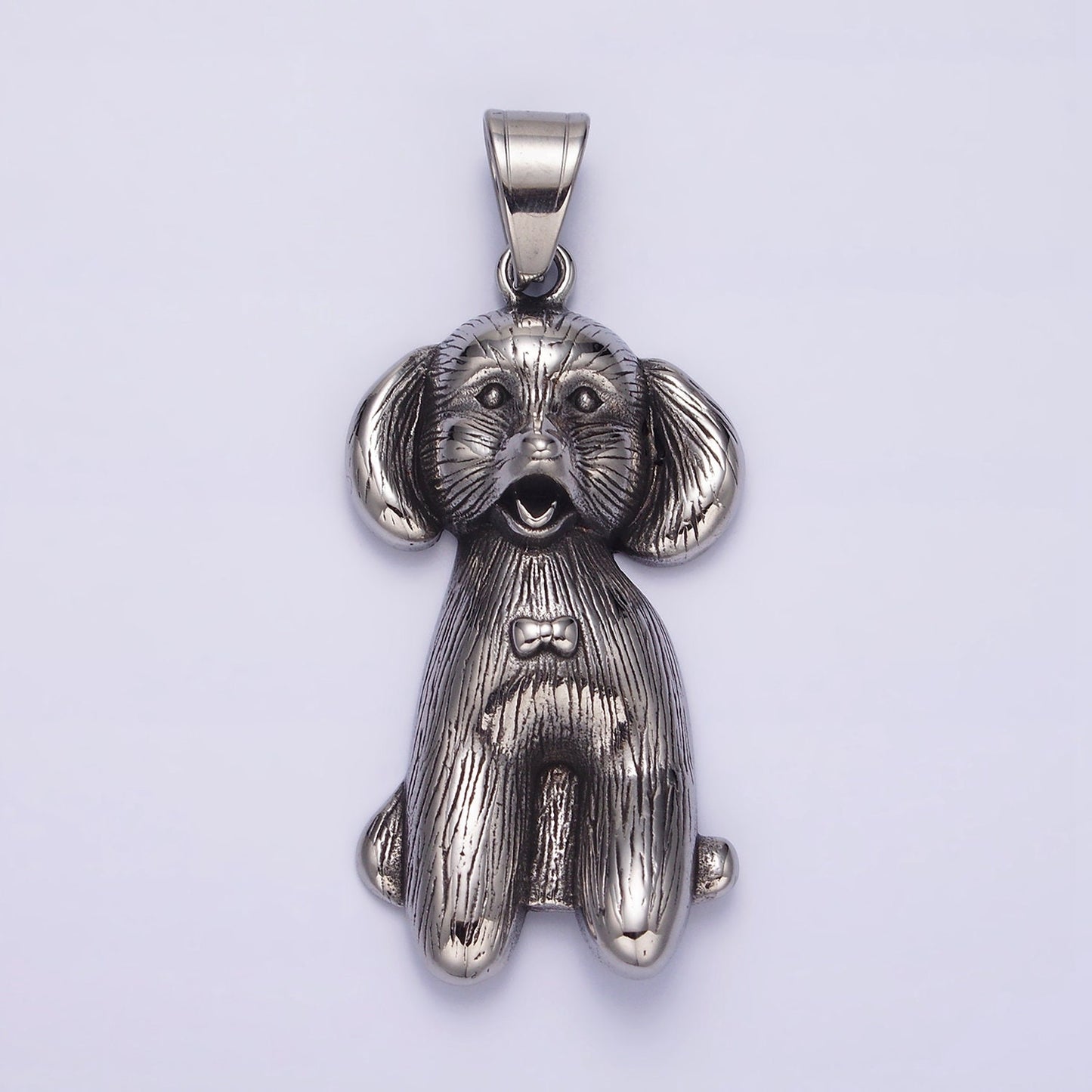 Stainless Steel 60mm Bow-Tied Puppy Dog Pet Textured Pendant | P777
