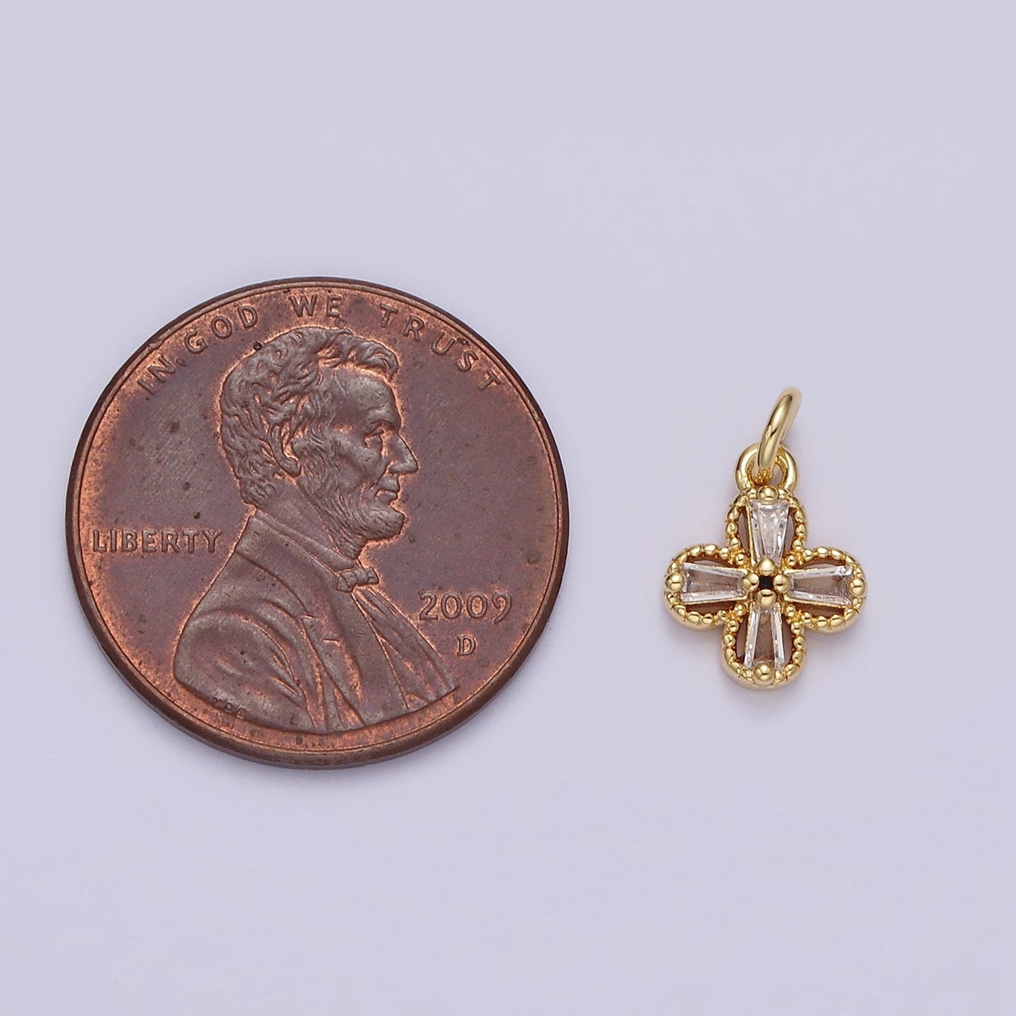 14K Gold Filled Clear Baguette Open Beaded Quatrefoil Clover Mini Add-On Charm in Gold & Silver | N1093 N1138
