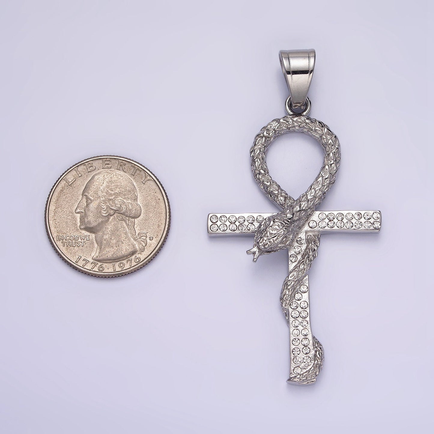 Stainless Steel Scaled Snake Serpent Ankh Egyptian Clear Micro Paved CZ Cross Pendant | P771