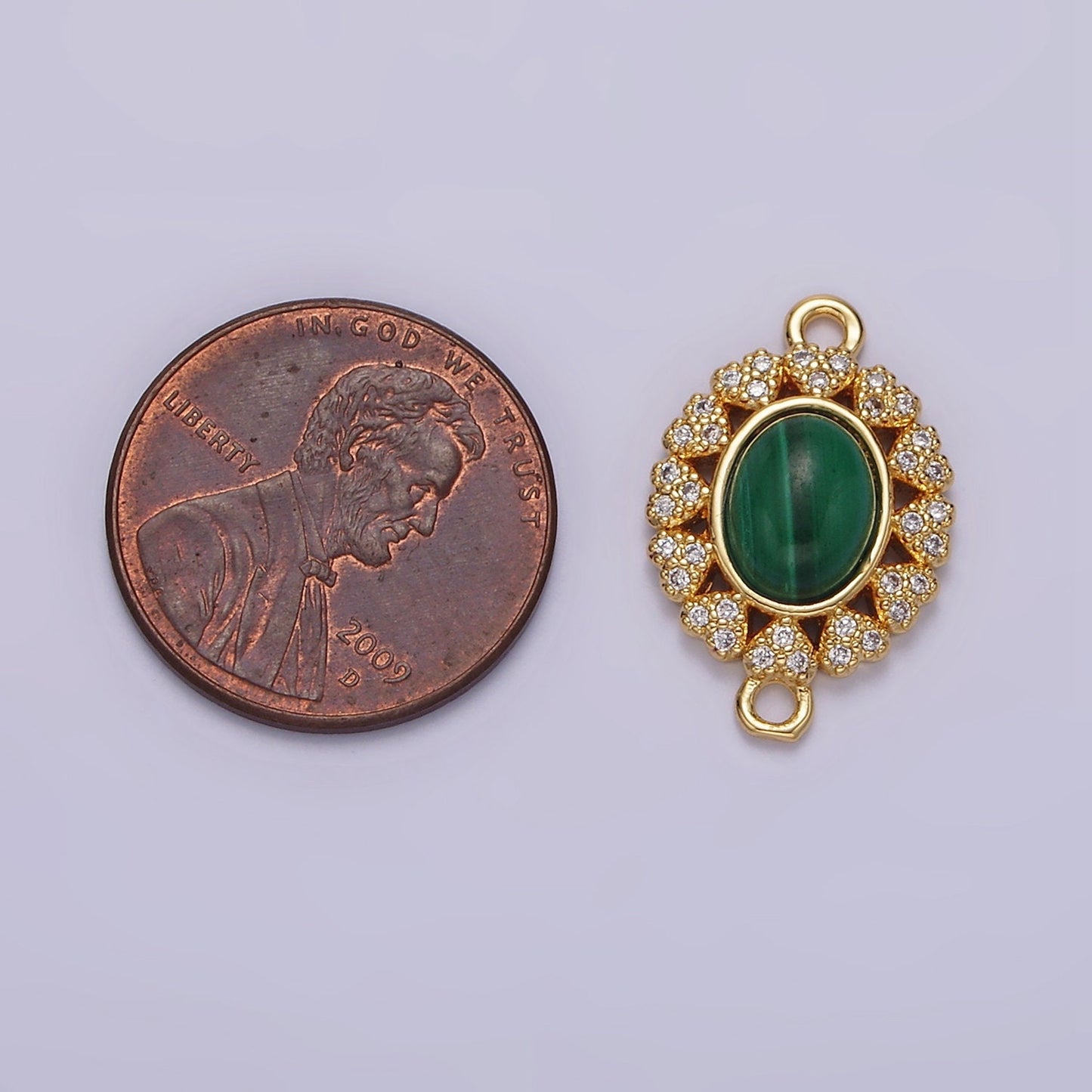 14K Gold Filled Malachite Cabochon Micro Paved CZ Heart Lined Oval Connector | G807