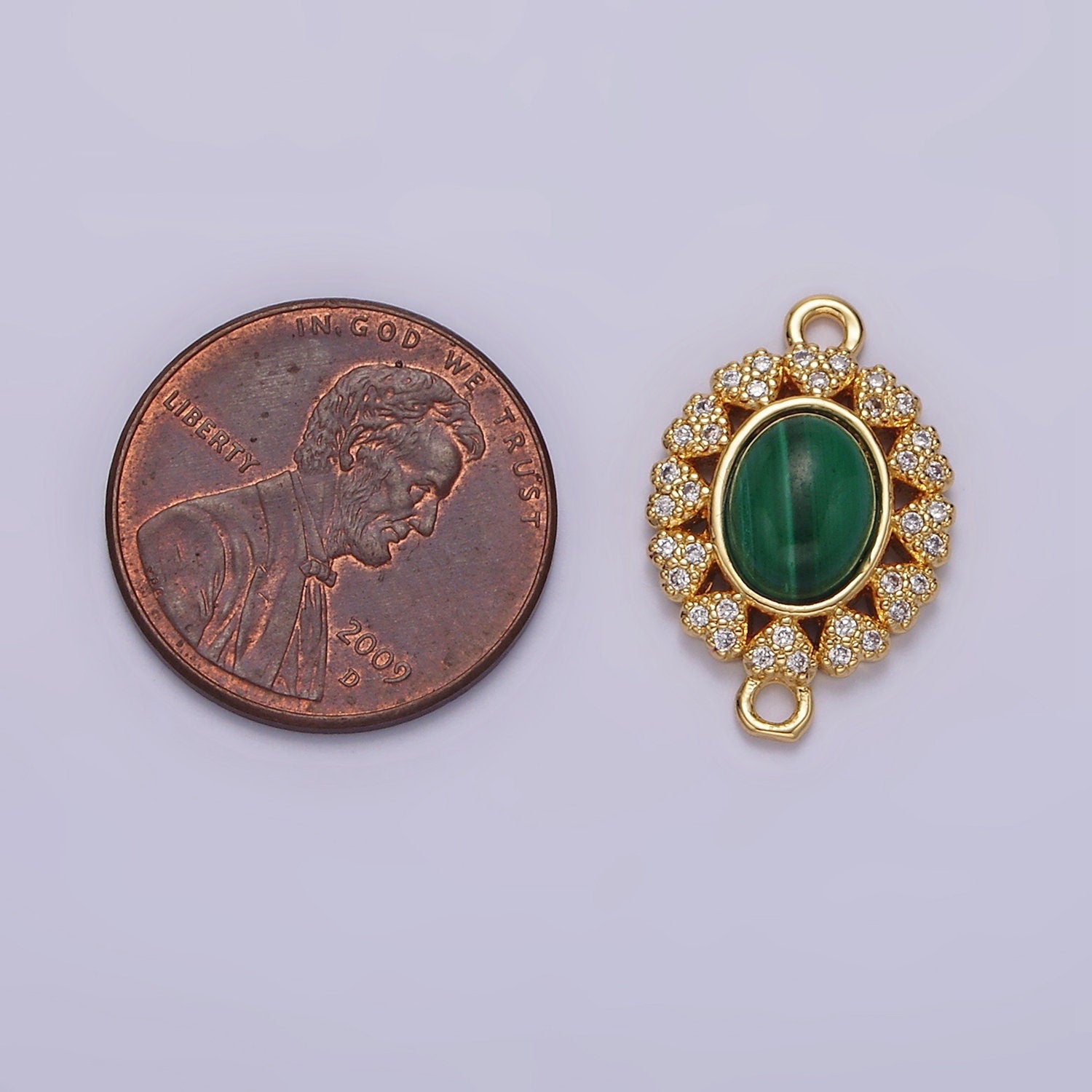 14K Gold Filled Malachite Cabochon Micro Paved CZ Heart Lined Oval Connector | G807
