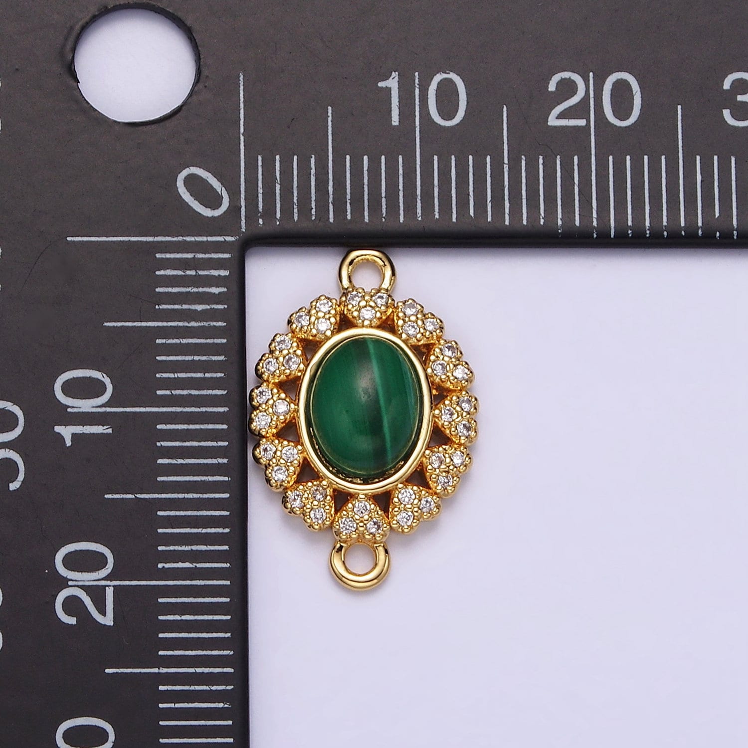 14K Gold Filled Malachite Cabochon Micro Paved CZ Heart Lined Oval Connector | G807