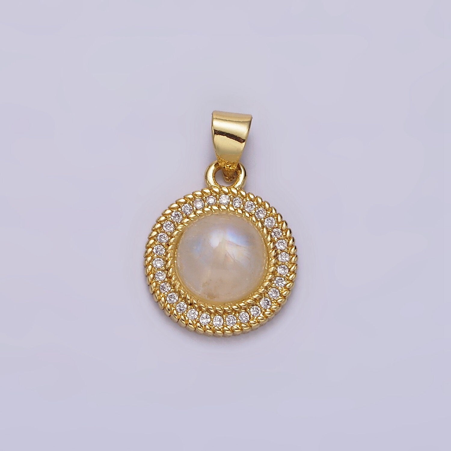 14K Gold Filled Moonstone Clear CZ Line-Textured Round Pendant | AA643