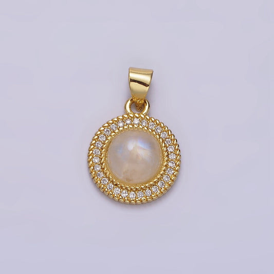 14K Gold Filled Moonstone Clear CZ Line-Textured Round Pendant | AA643