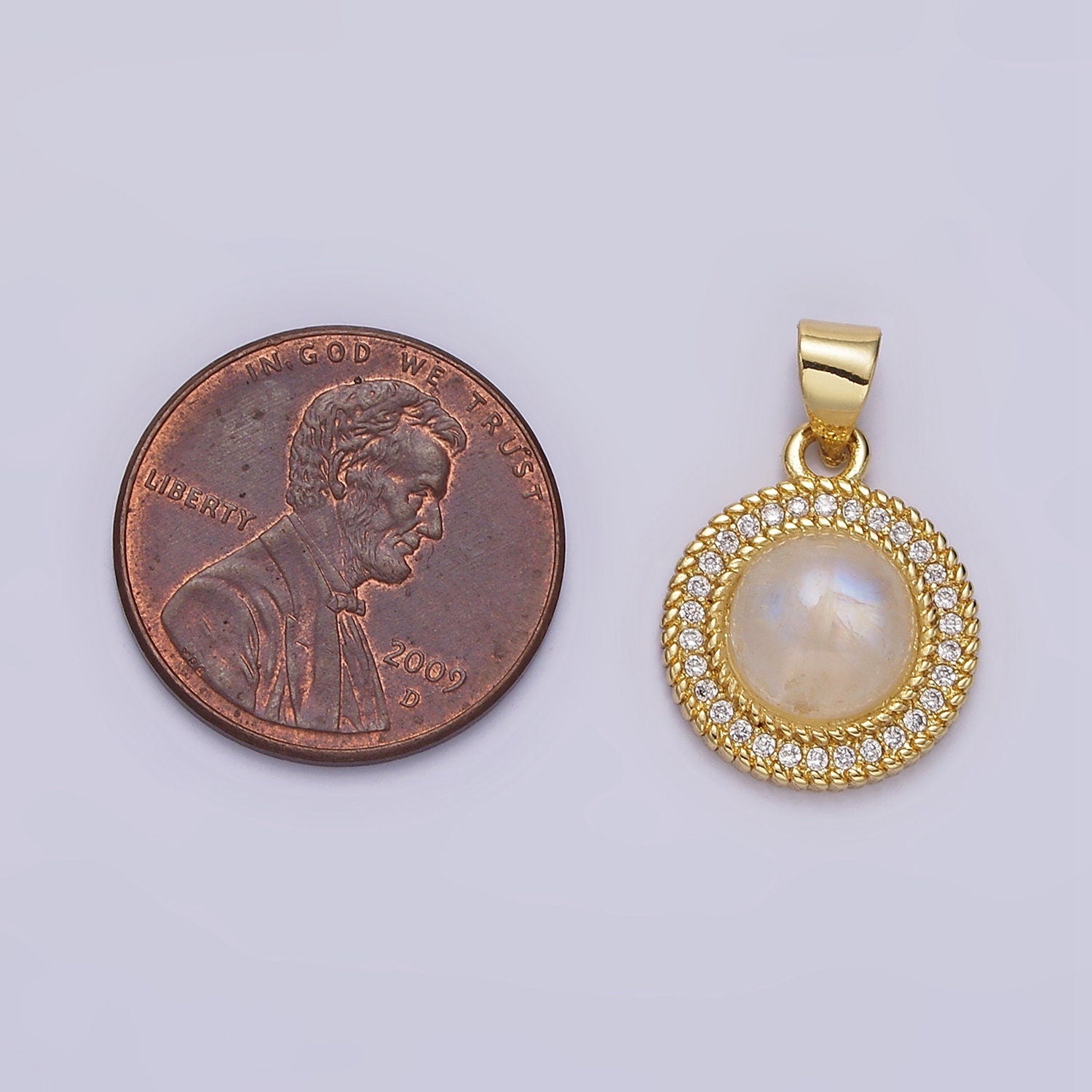 14K Gold Filled Moonstone Clear CZ Line-Textured Round Pendant | AA643