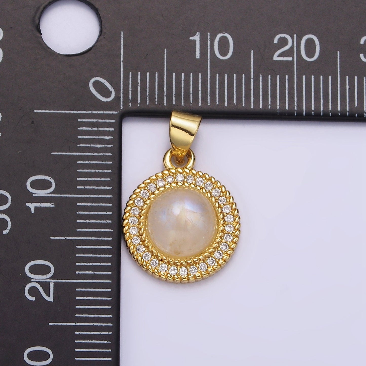 14K Gold Filled Moonstone Clear CZ Line-Textured Round Pendant | AA643