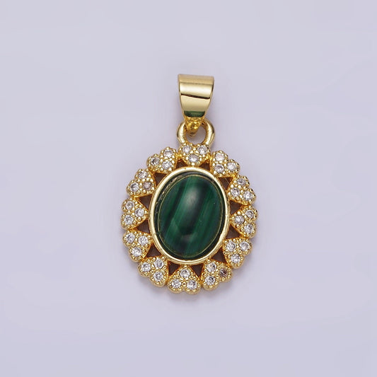 14K Gold Filled Malachite Cabochon Micro Paved CZ Heart Lined Oval Pendant | AA644