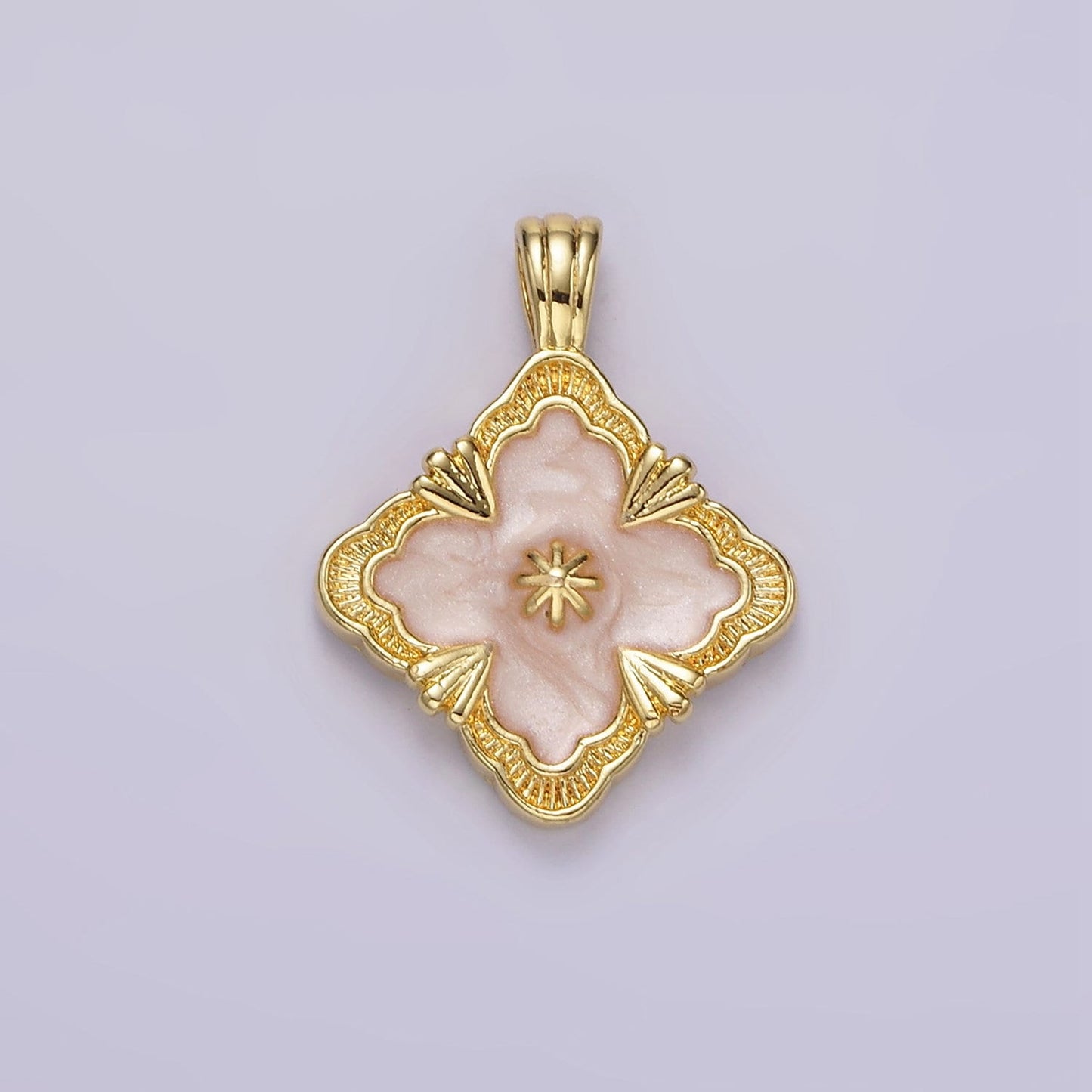 14K Gold Filled Teal, White Sparkly Enamel Artisan Quatrefoil Pendant Charm | N1298 N1299