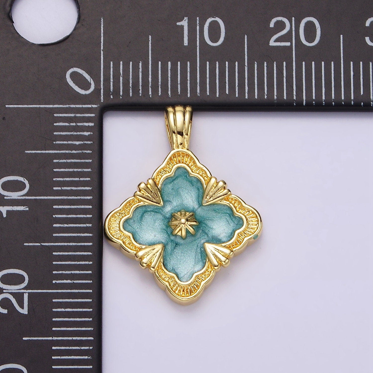 14K Gold Filled Teal, White Sparkly Enamel Artisan Quatrefoil Pendant Charm | N1298 N1299