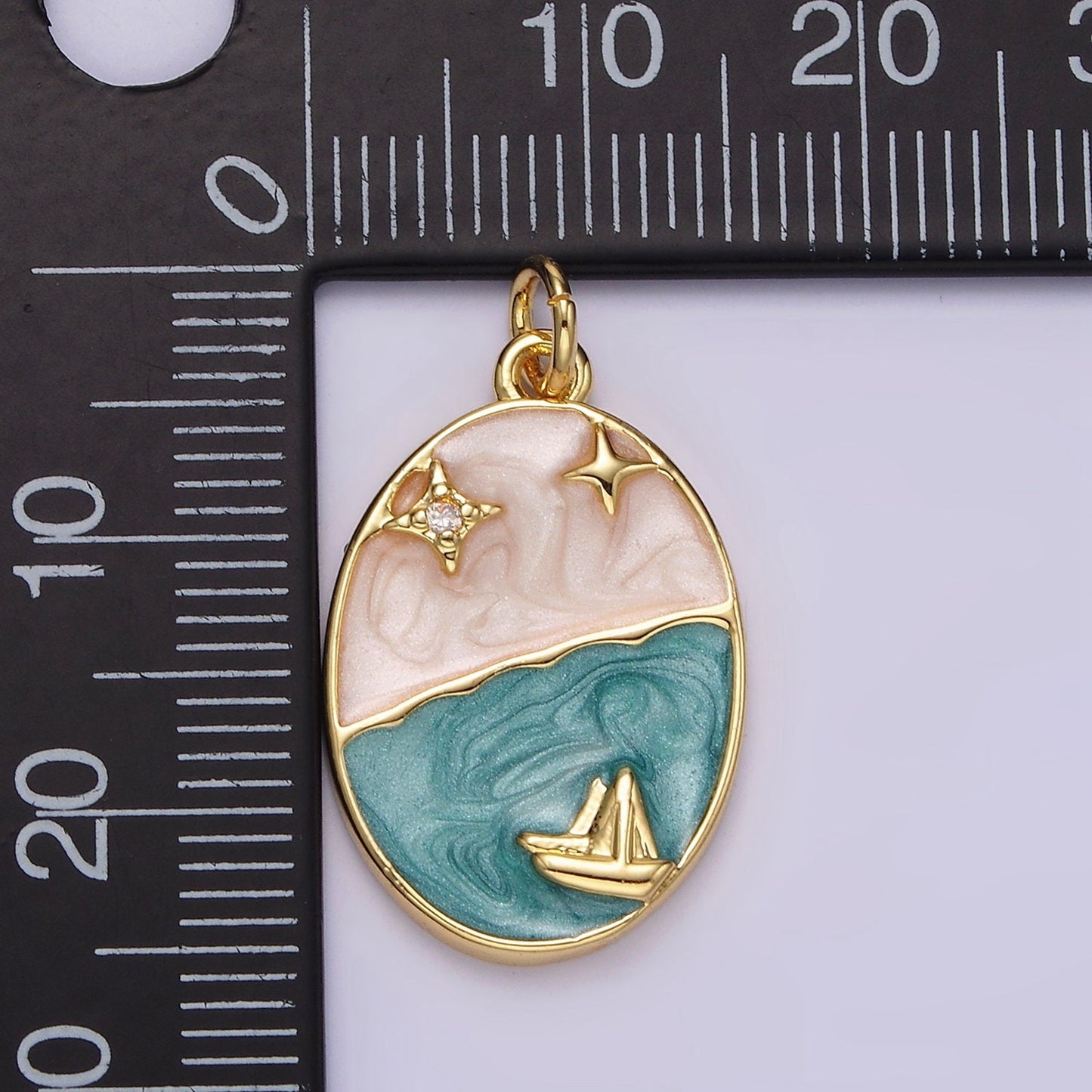 14K Gold Filled Boat Ocean Celestial Star Night Sky Sparkly Enamel Oval Charm | N1150