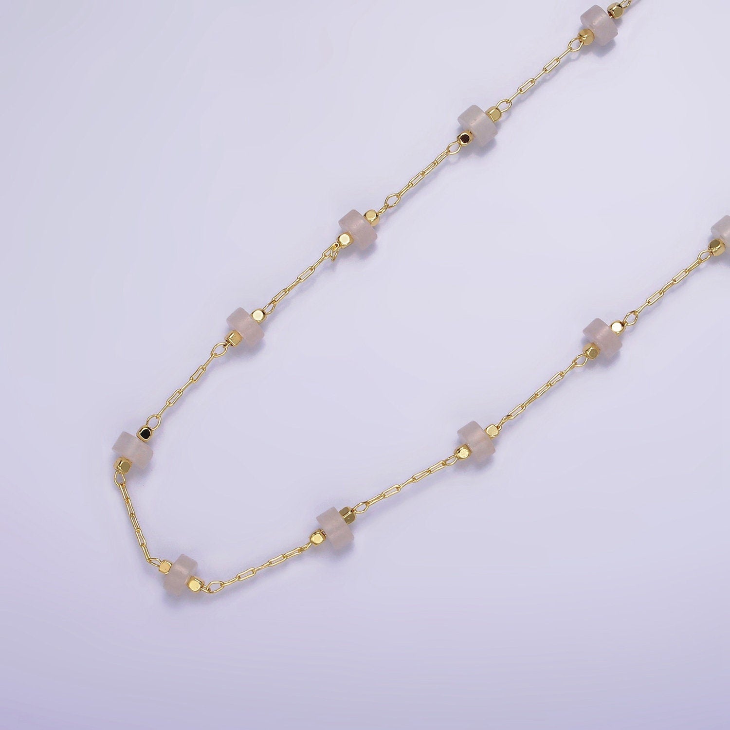 14K Gold Filled Turquoise, Rose Quartz Cylinder Paperclip Unfinished Beaded Chain For Jewelry Making | ROLL-1419 ROLL-1420