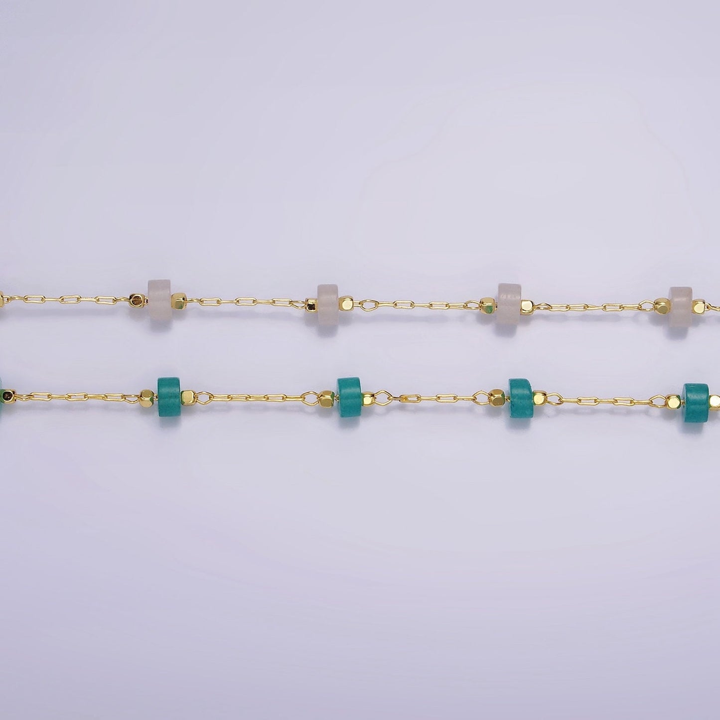 14K Gold Filled Turquoise, Rose Quartz Cylinder Paperclip Unfinished Beaded Chain For Jewelry Making | ROLL-1419 ROLL-1420