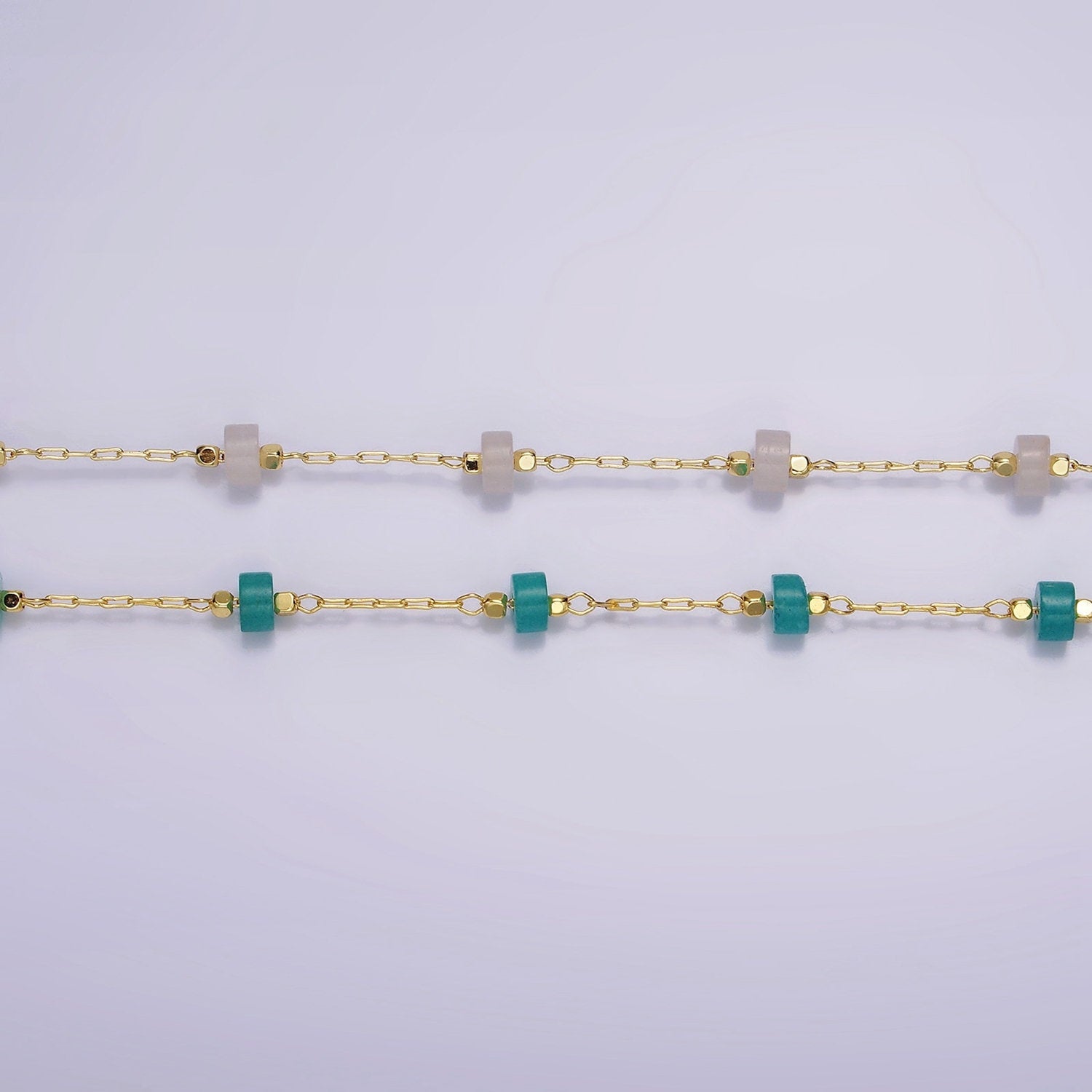 14K Gold Filled Turquoise, Rose Quartz Cylinder Paperclip Unfinished Beaded Chain For Jewelry Making | ROLL-1419 ROLL-1420