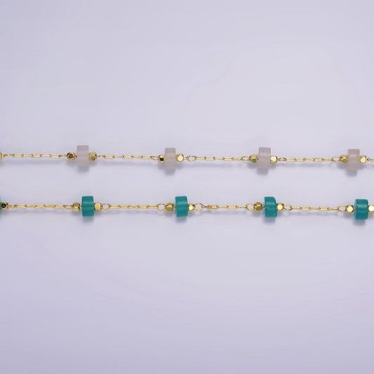 14K Gold Filled Turquoise, Rose Quartz Cylinder Paperclip Unfinished Beaded Chain For Jewelry Making | ROLL-1419 ROLL-1420