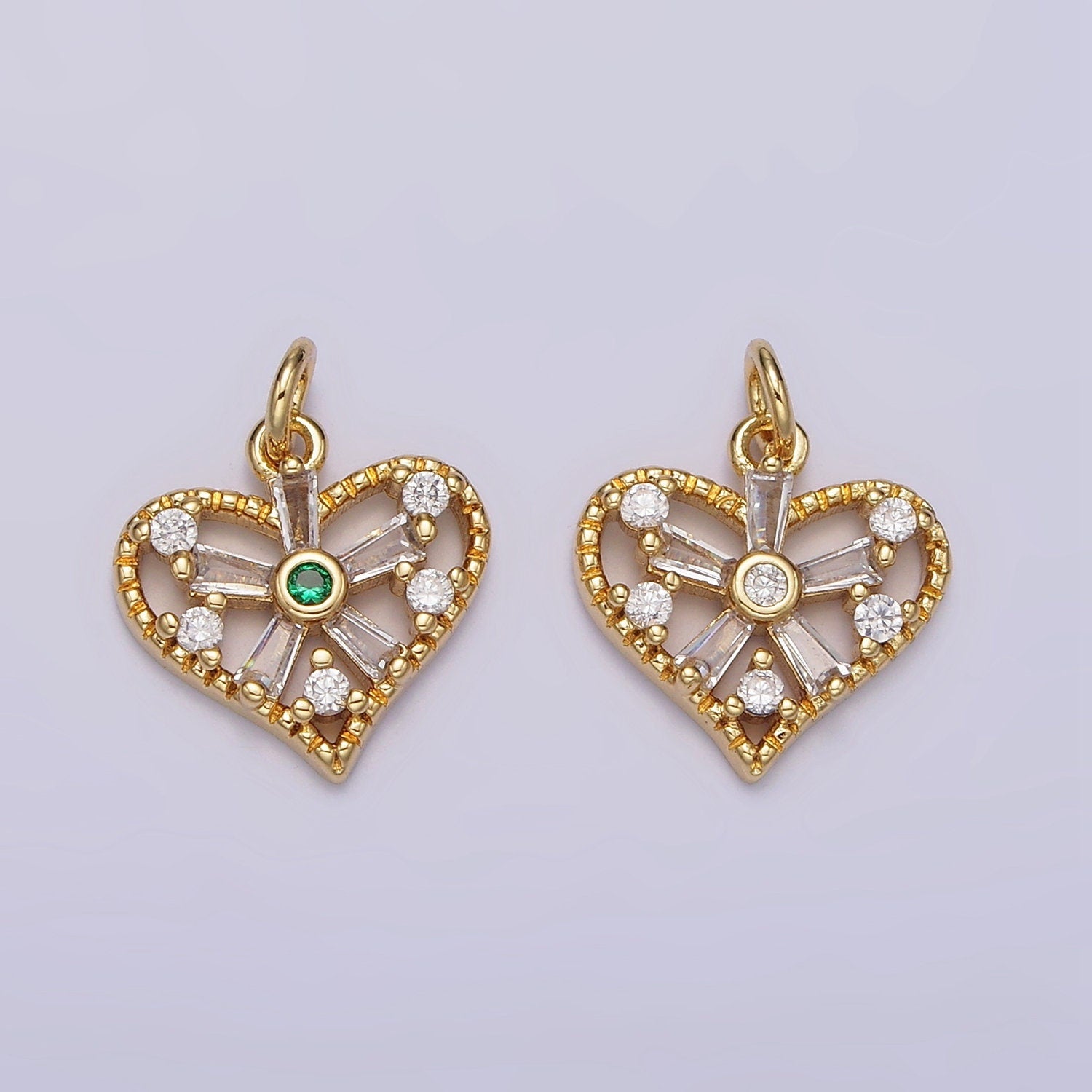 14K Gold Filled Green, Clear Baguette Flower CZ Mini Heart Charm Pendant | AG-390 AG-391