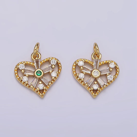 14K Gold Filled Green, Clear Baguette Flower CZ Mini Heart Charm Pendant | AG-390 AG-391