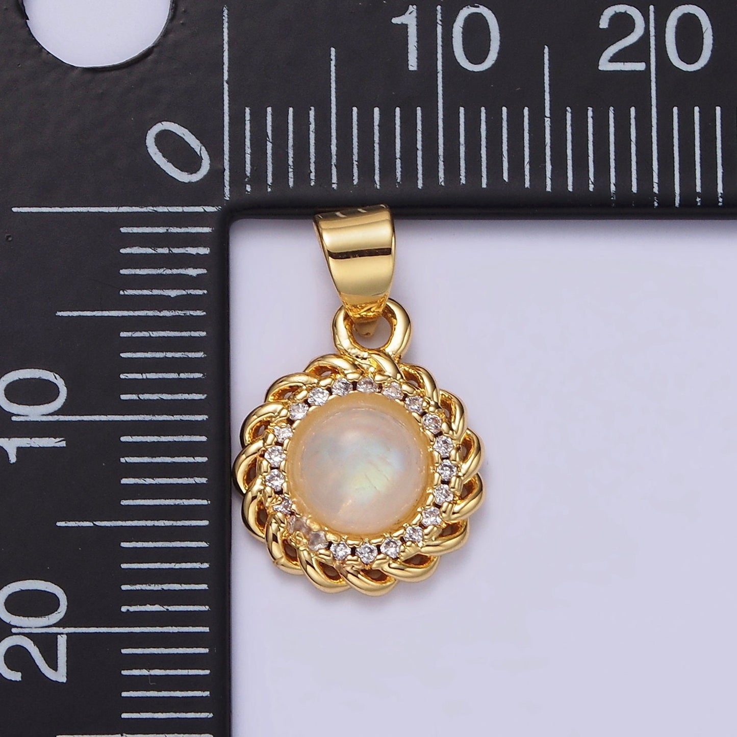 14K Gold Filled Moonstone Charm Clear Micro Paved Rounded Bar Curb Lined Pendant | AA678