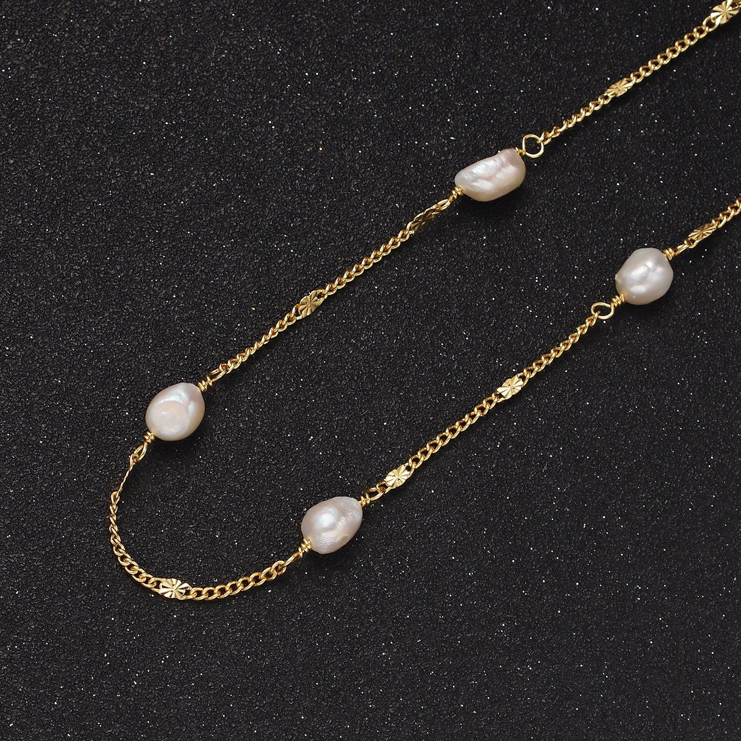 1 yard Gold White Freshwater Pearl Sunburst Curb Unfinished Chain for Jewelry Making Supply | ROLL-1421
