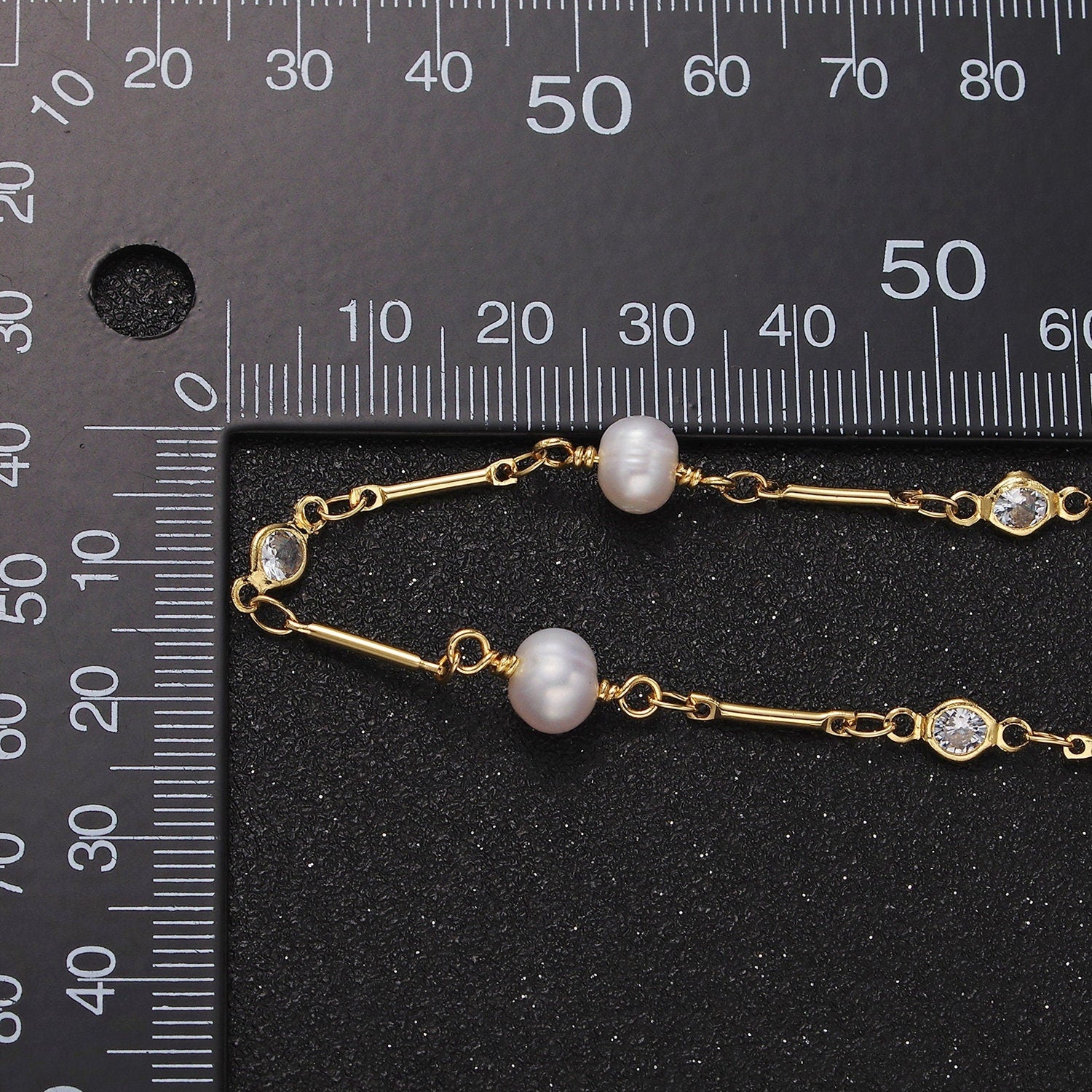 Dainty Gold Ringed Button White Freshwater Pearl Clear CZ Unfinished Jewelry Making Chain by Yard Wholesale Chain | ROLL-1410