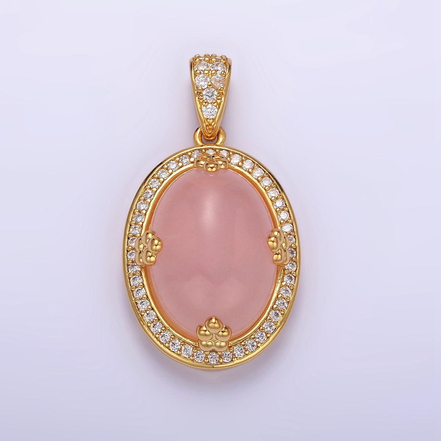14K Gold Filled Amethyst, Rose Quartz, Aventurine Cabochon Micro Paved CZ Pendant | AA686 - AA688