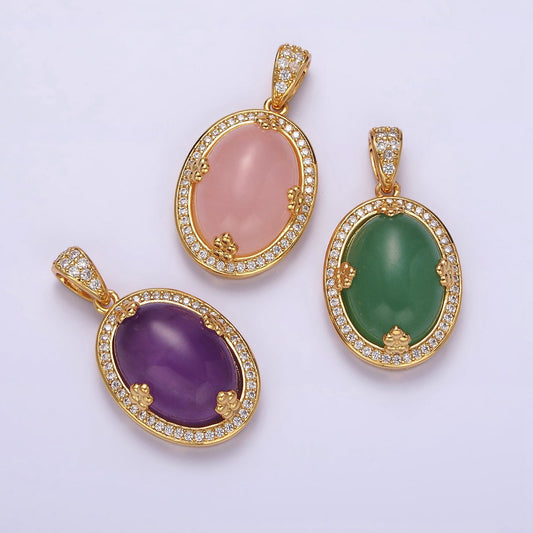 14K Gold Filled Amethyst, Rose Quartz, Aventurine Cabochon Micro Paved CZ Pendant | AA686 - AA688