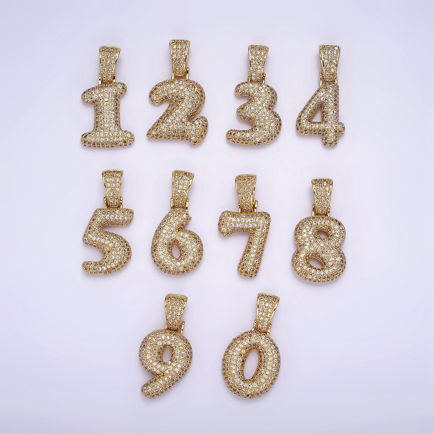 Gold Bubble Number Pendant, Hip Hop Bubble Number CZ Pendant Iced Numeric Charm Pendant for Men Woman Statement Jewelry AA695