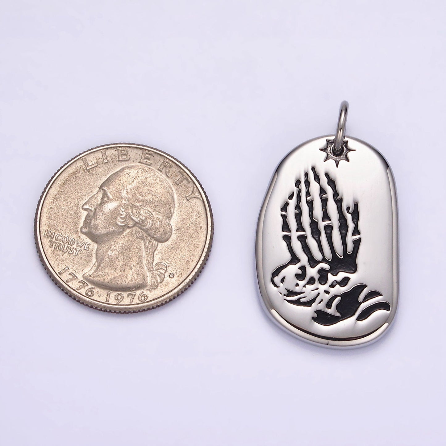 Stainless Steel 29.6mm Finger Skull Praying Hand Tag Charm | P613