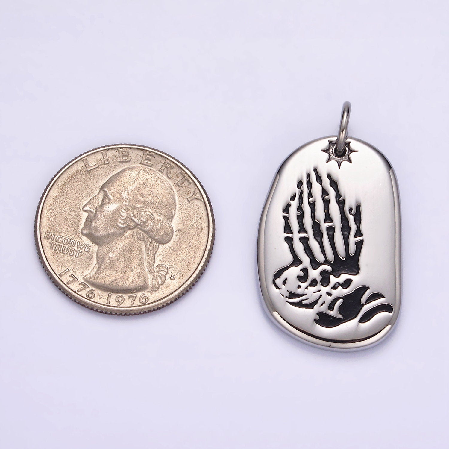 Stainless Steel 29.6mm Finger Skull Praying Hand Tag Charm | P613