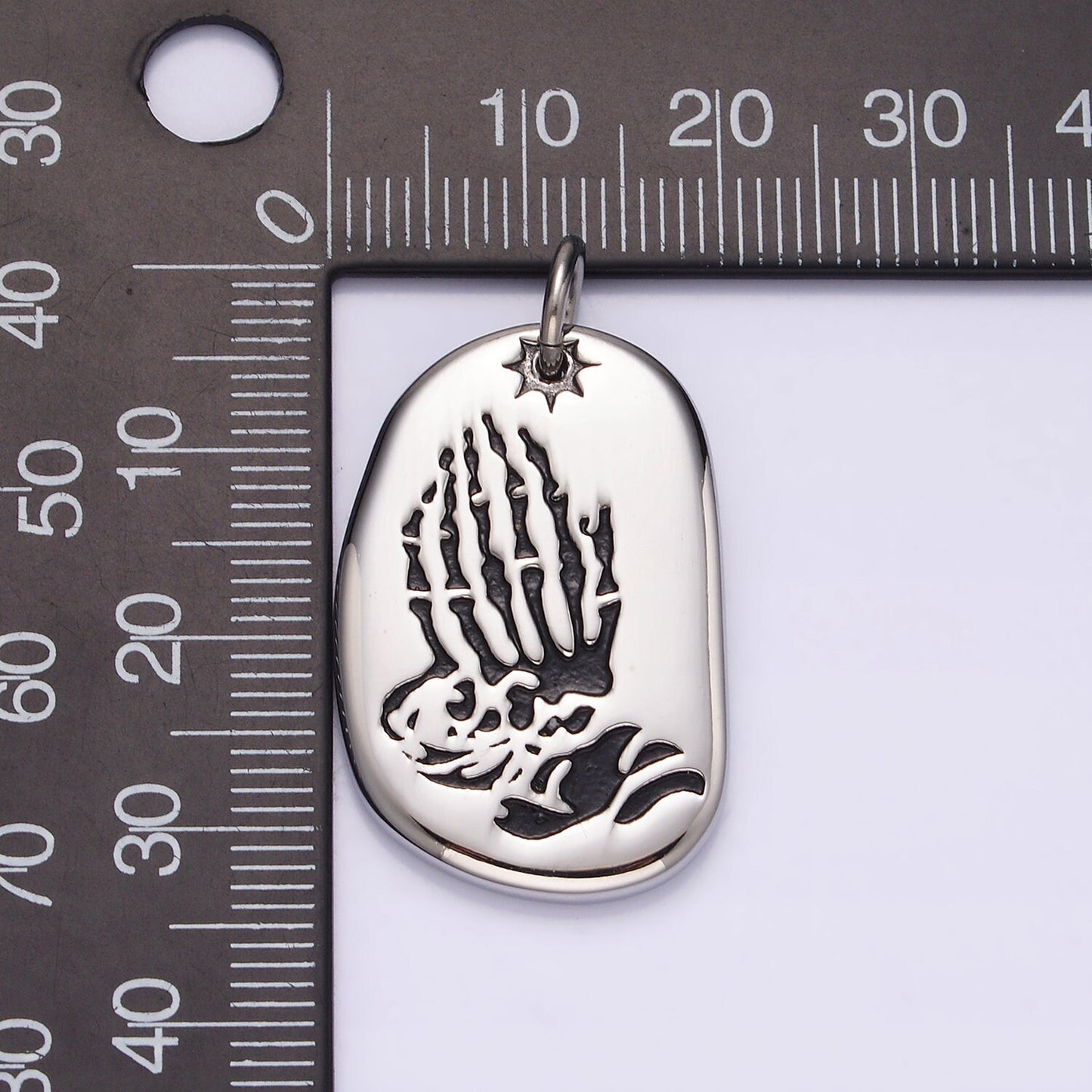 Stainless Steel 29.6mm Finger Skull Praying Hand Tag Charm | P613