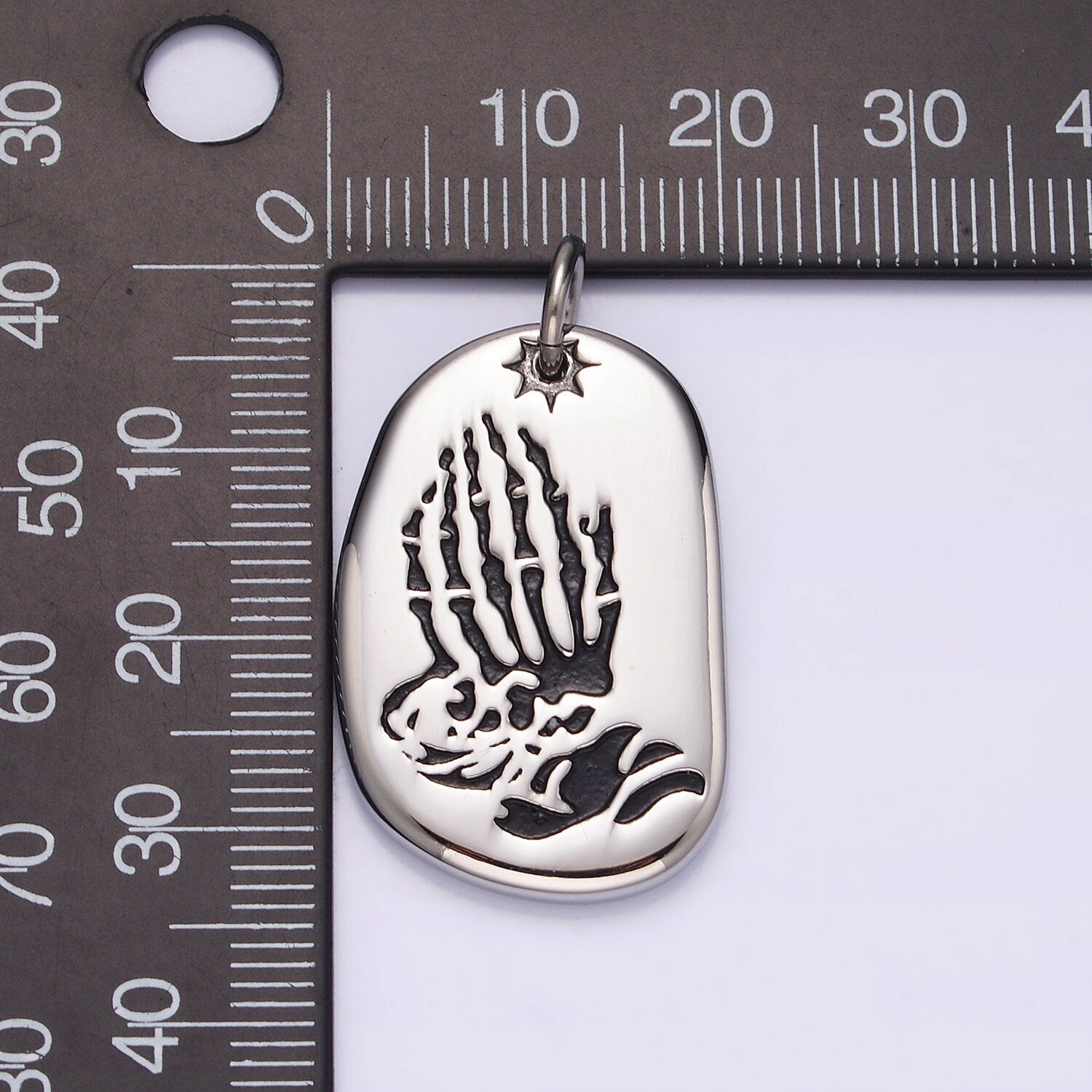 Stainless Steel 29.6mm Finger Skull Praying Hand Tag Charm | P613