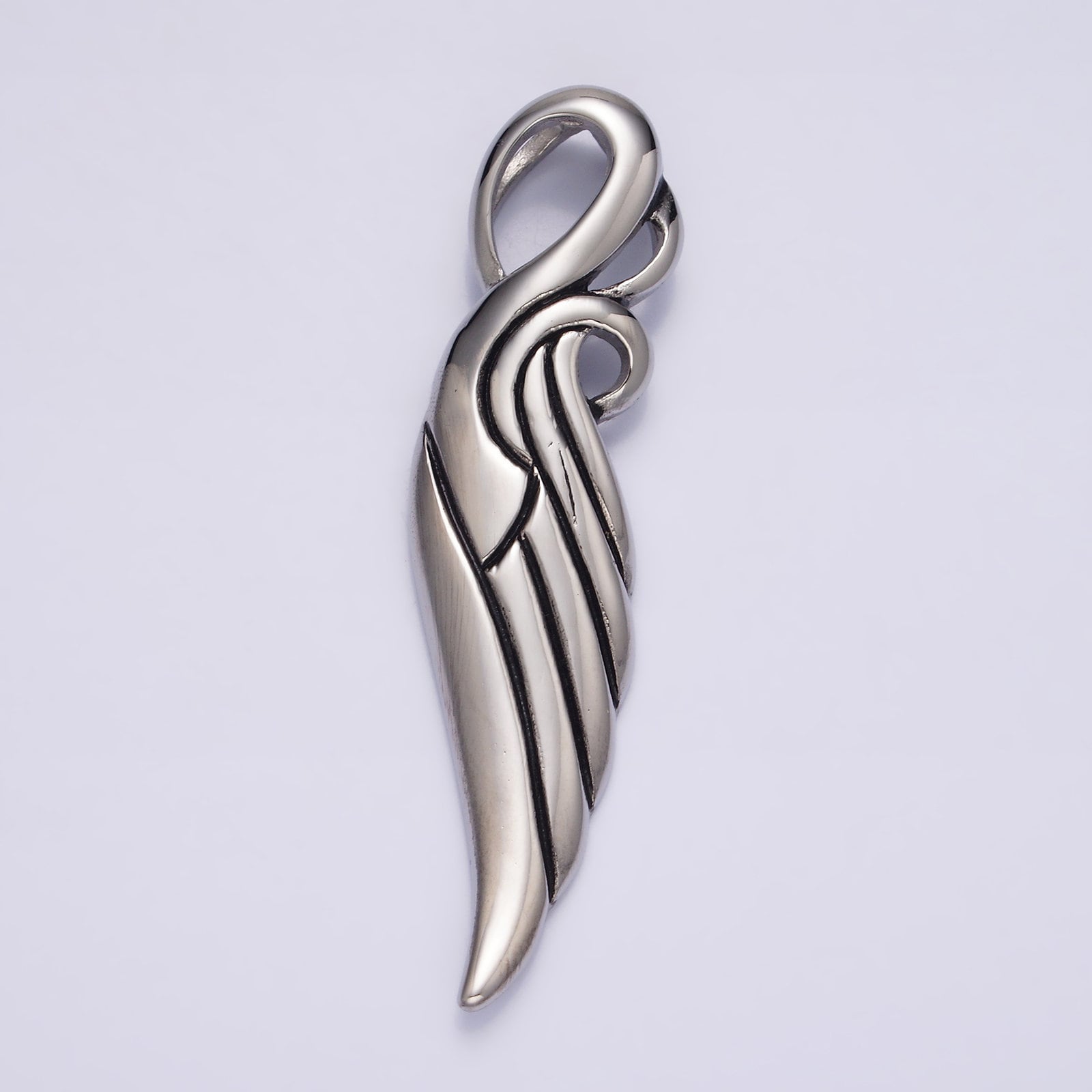 Stainless Steel 63mm Curved Lined Feather Wings Pendant | P857