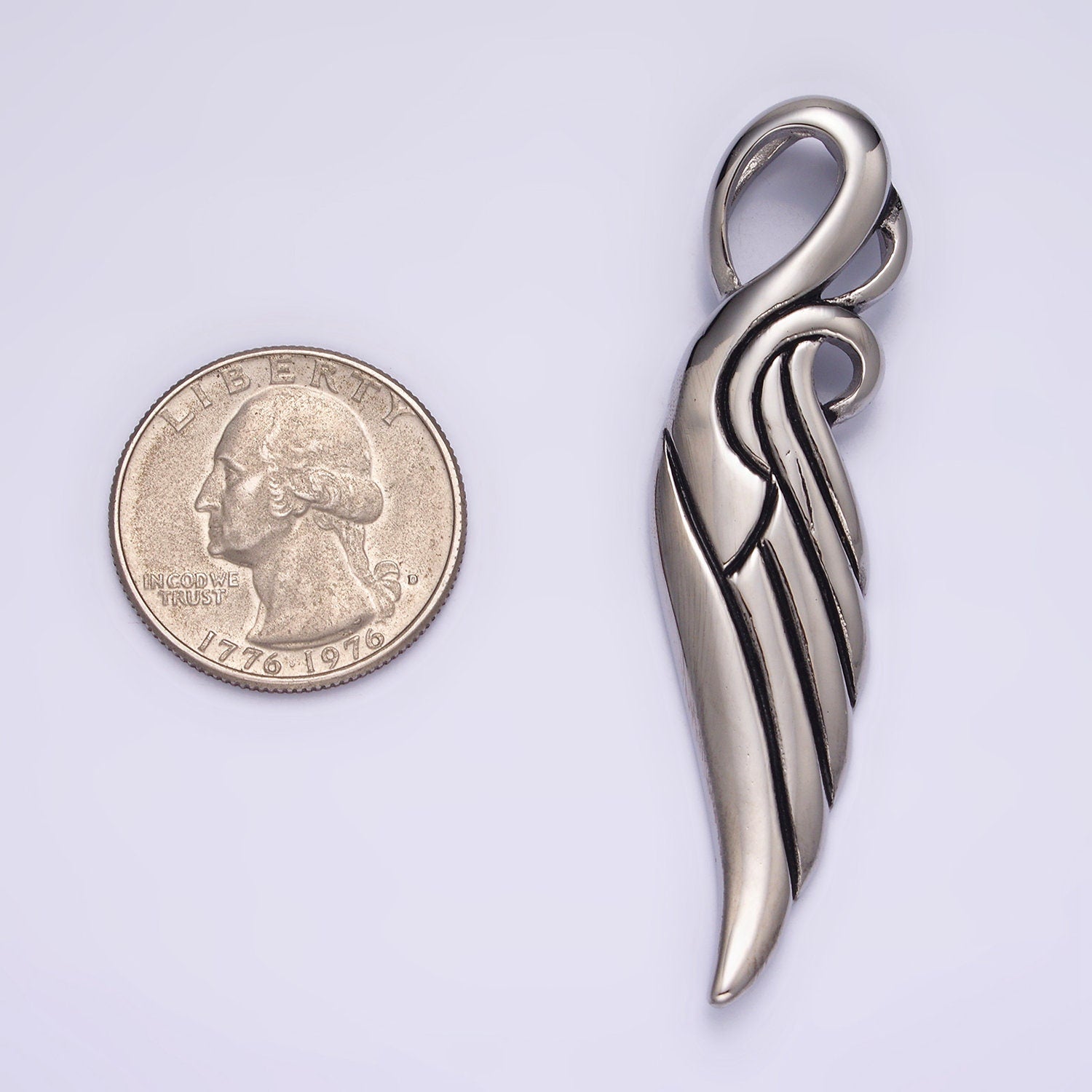 Stainless Steel 63mm Curved Lined Feather Wings Pendant | P857