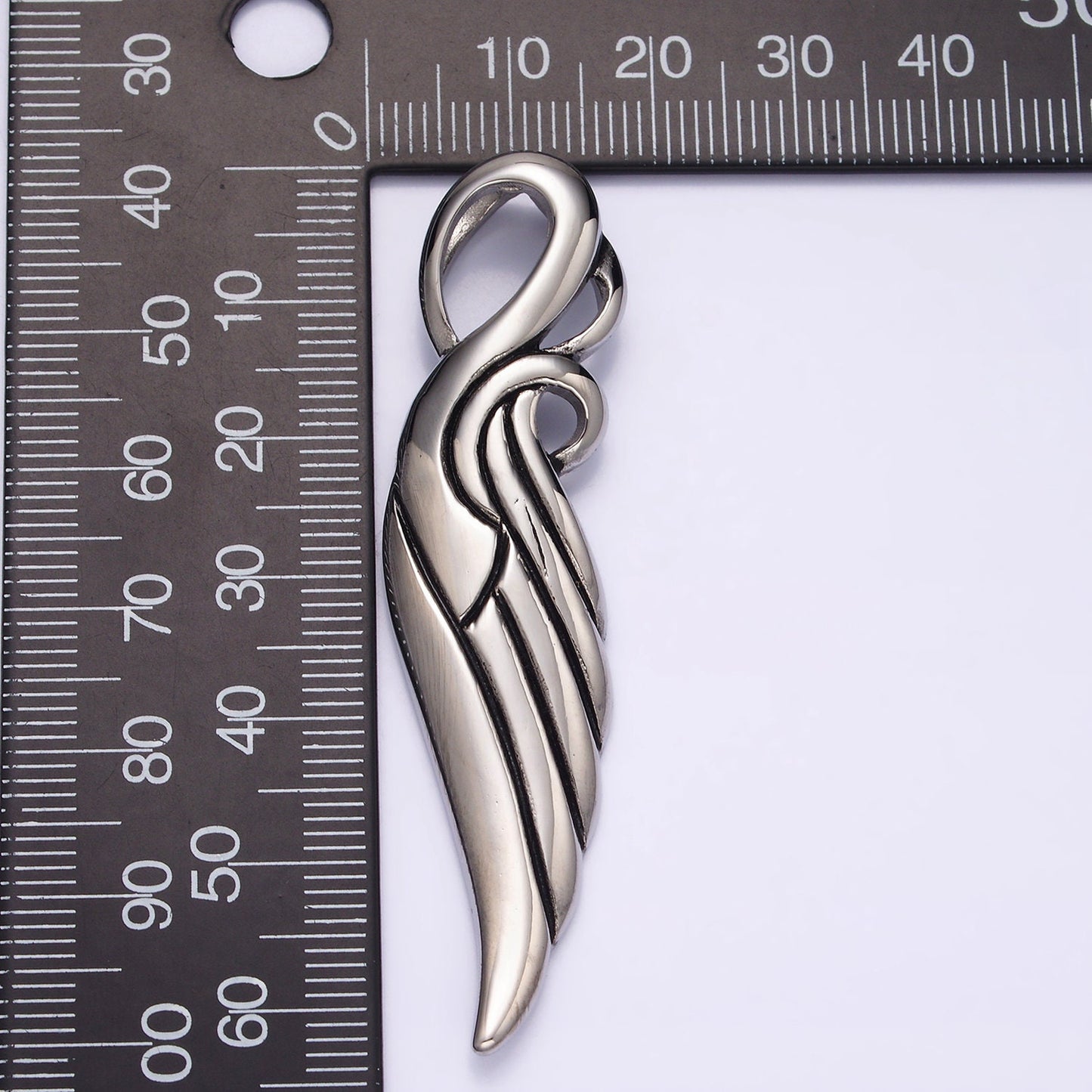 Stainless Steel 63mm Curved Lined Feather Wings Pendant | P857