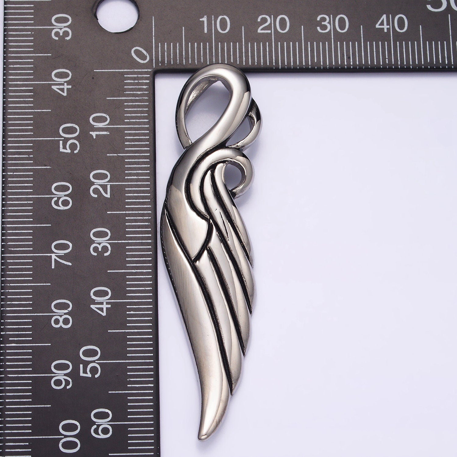 Stainless Steel 63mm Curved Lined Feather Wings Pendant | P857