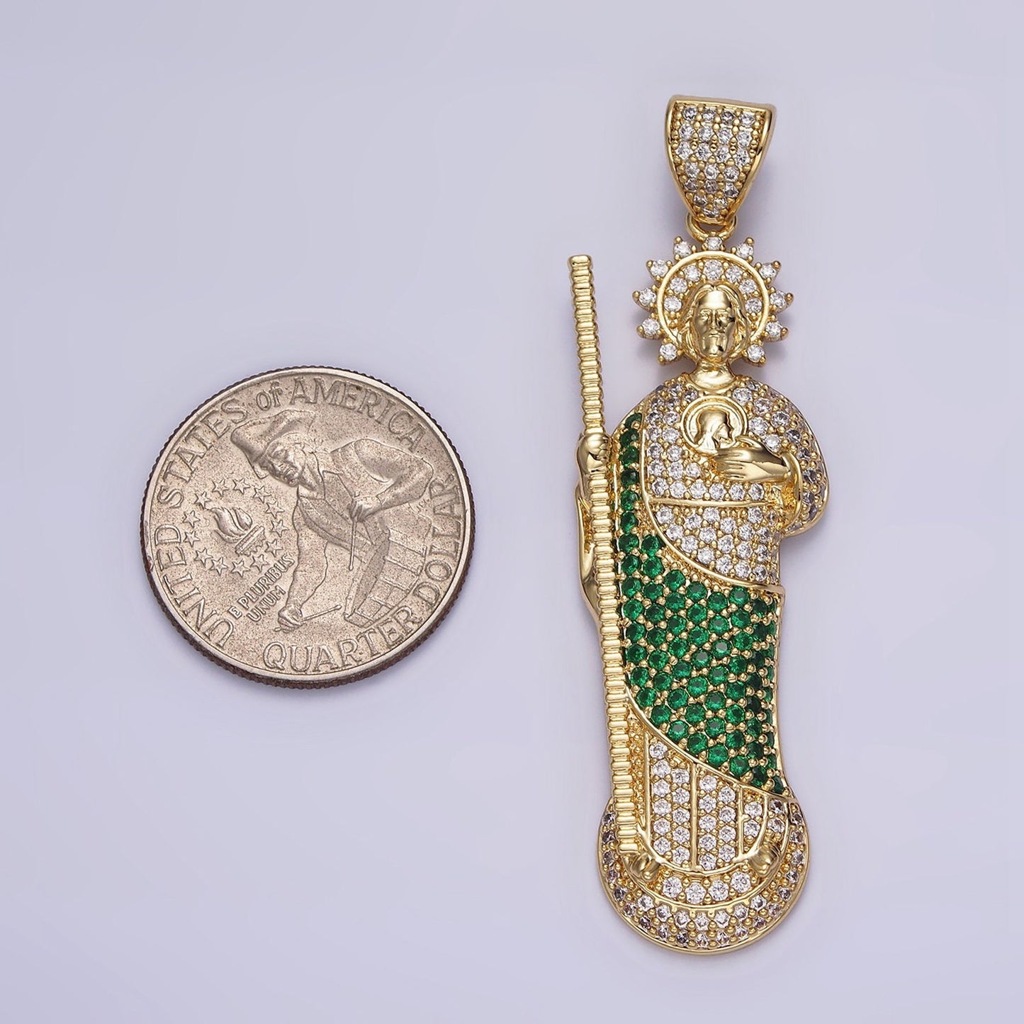 14K Gold Filled 65mm Religious Saint Jude Green Robe Pendant | AA645