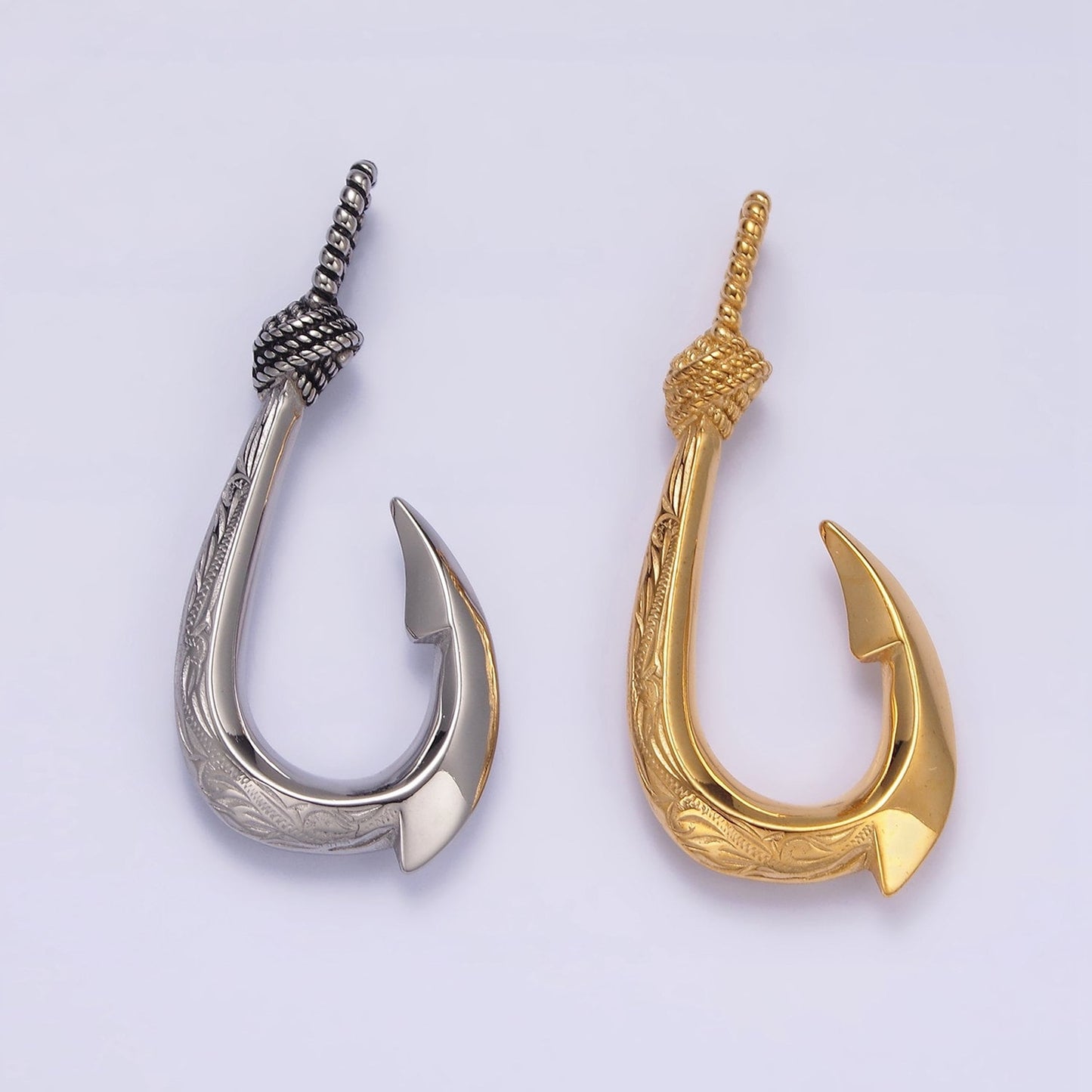Stainless Steel Paddy Wheat Engraved Edged Fish Hook Pendant in Gold & Silver | P792